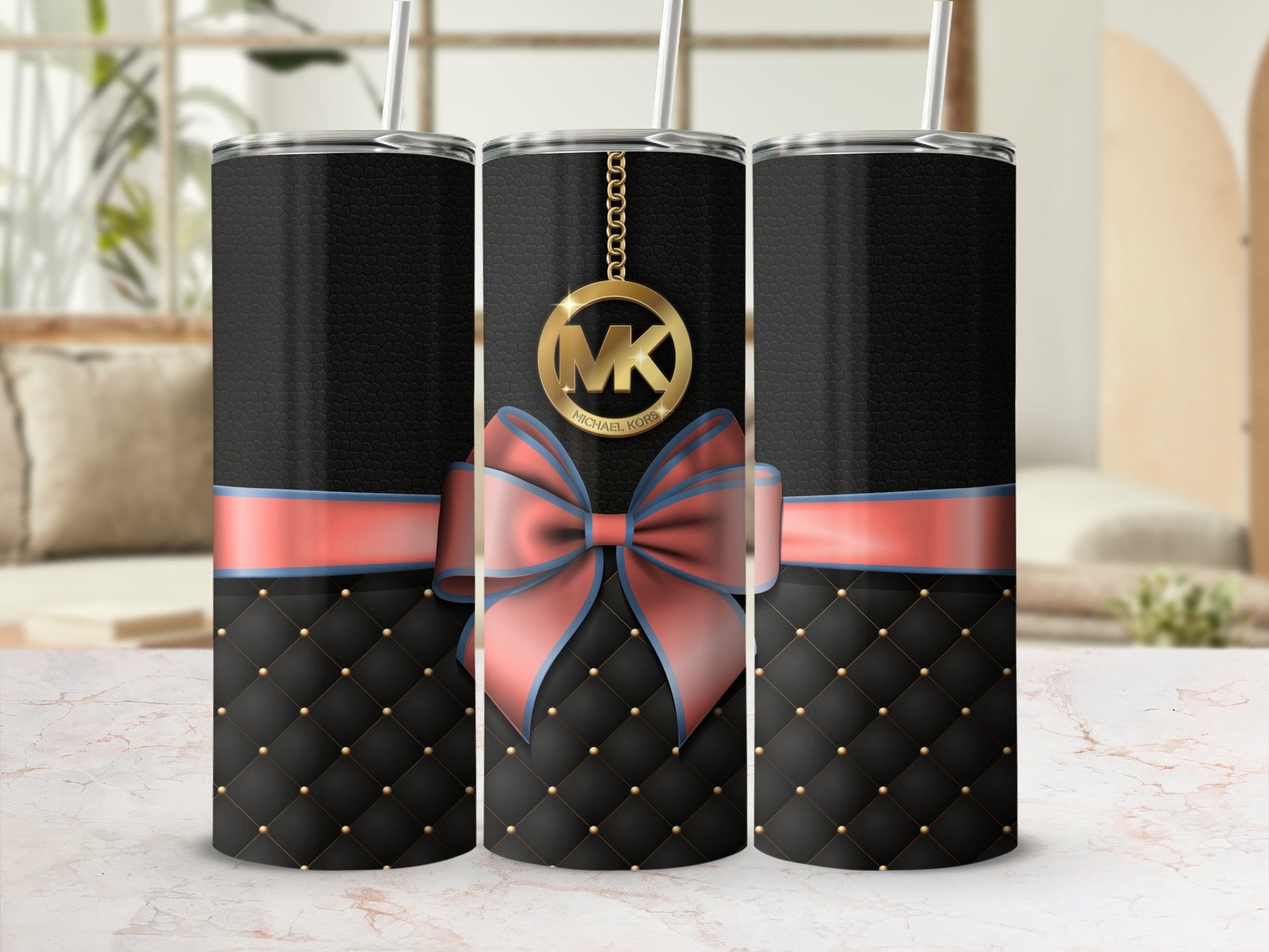 Elegant Quilted Black Tumbler with Pink Bow Design