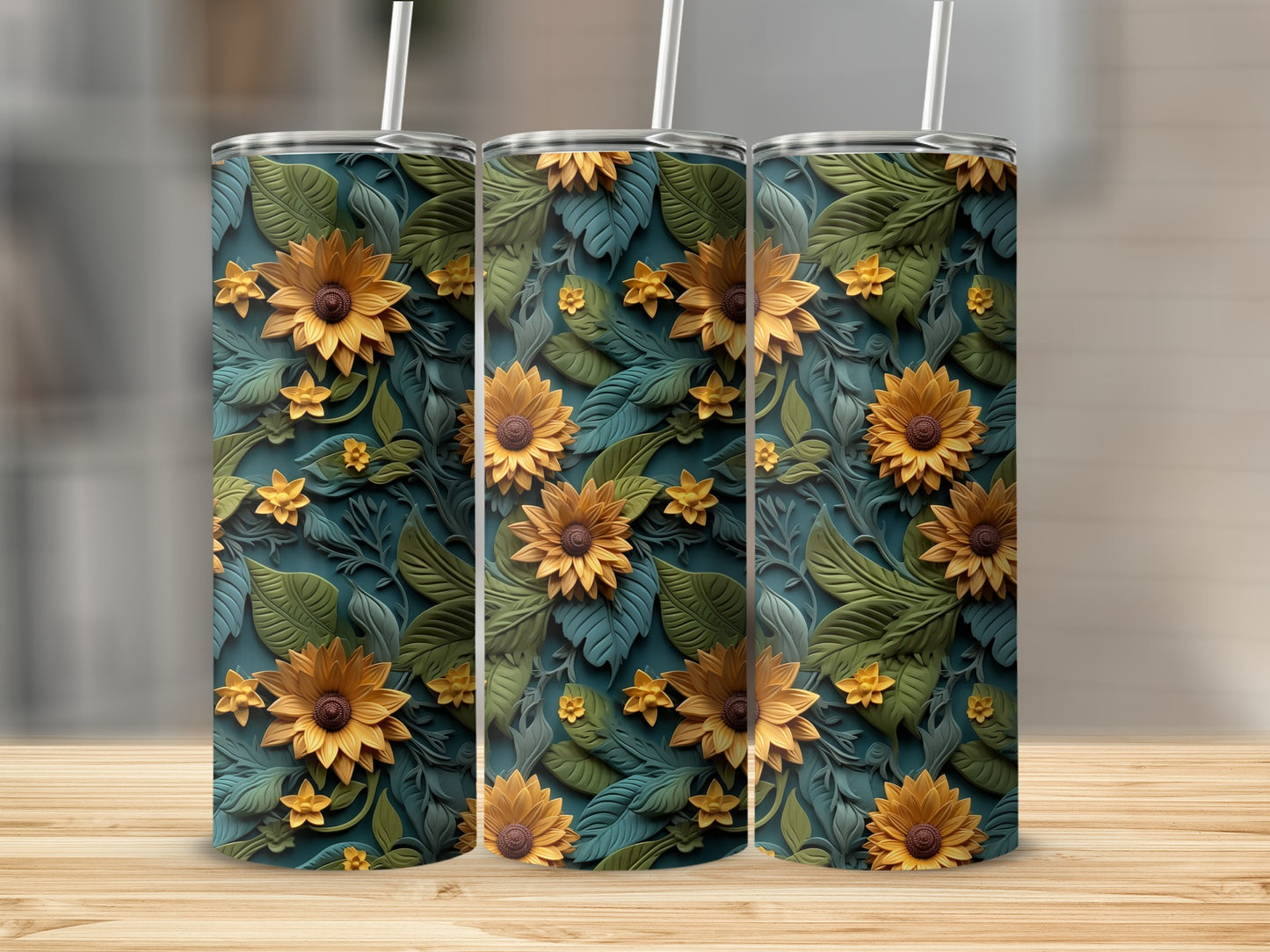 Sunflower and Leaf Pattern Stainless Steel Tumbler