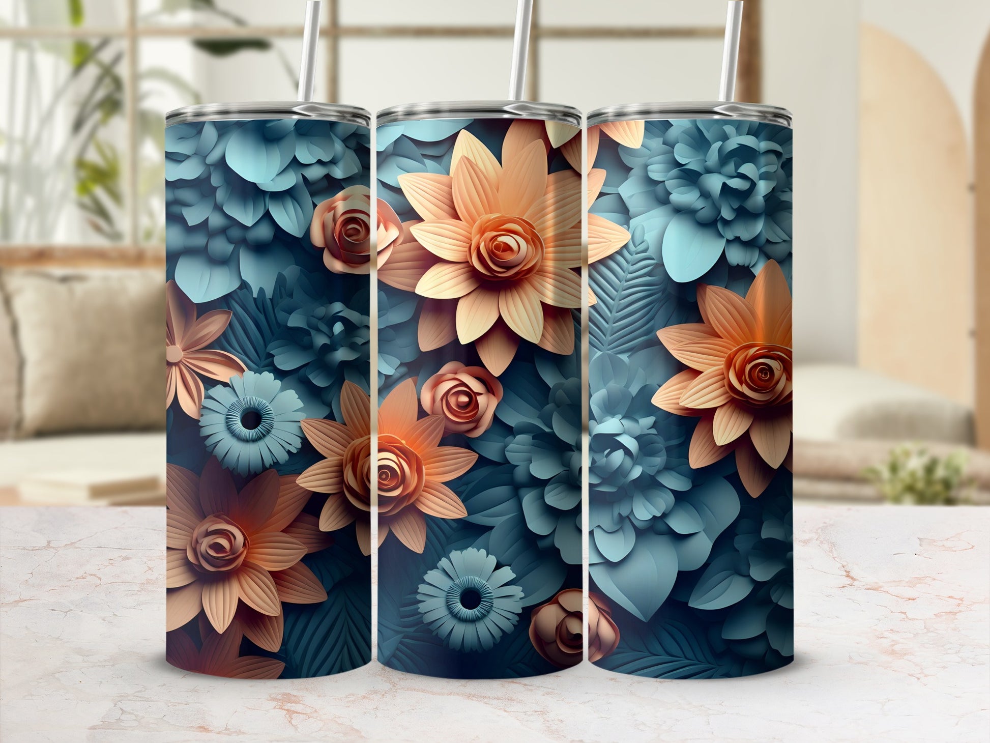 Layered Papercut Teal Orange Floral Design Tumbler product type