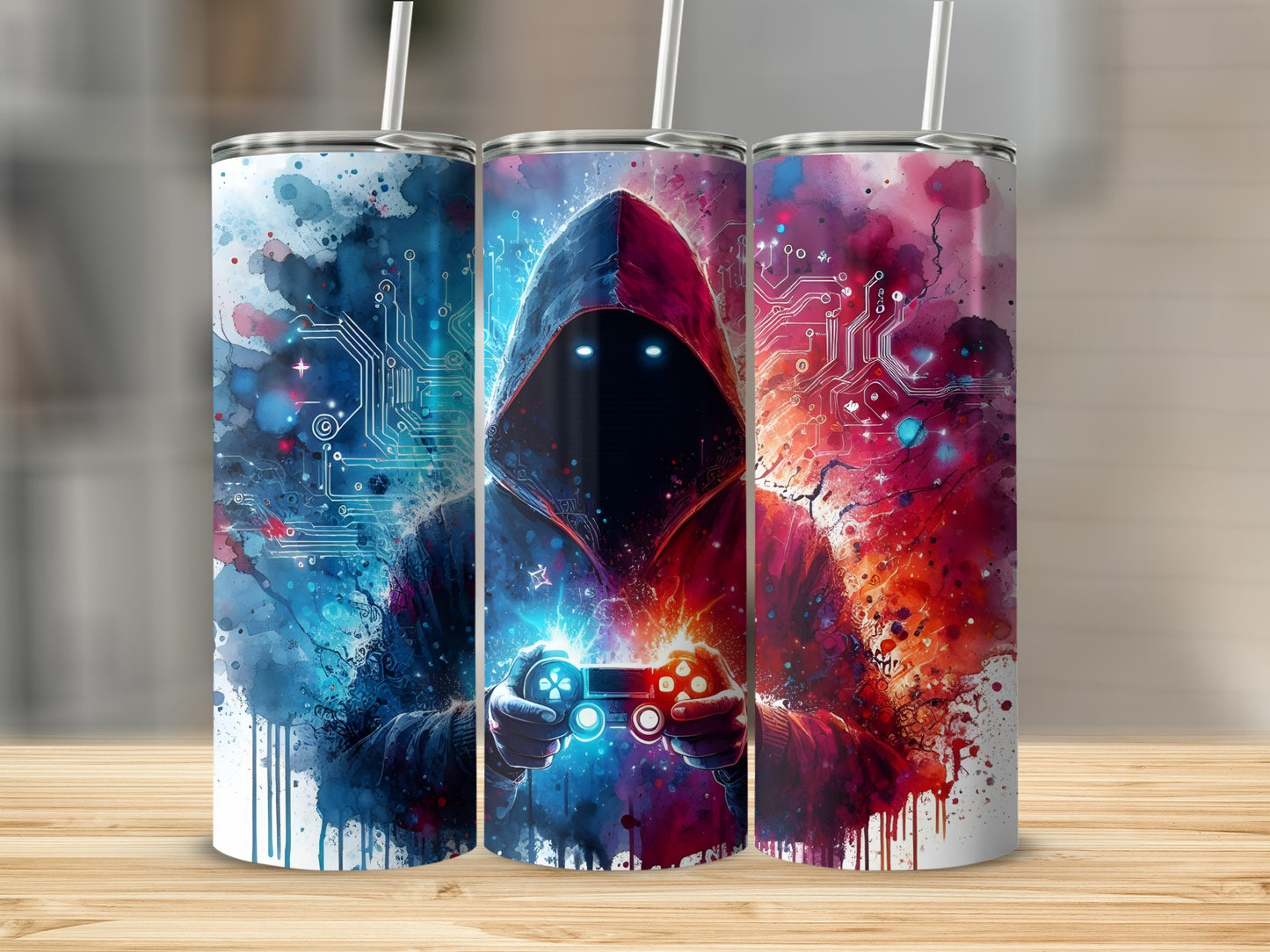 Three tumblers with a gamer and circuit board design.