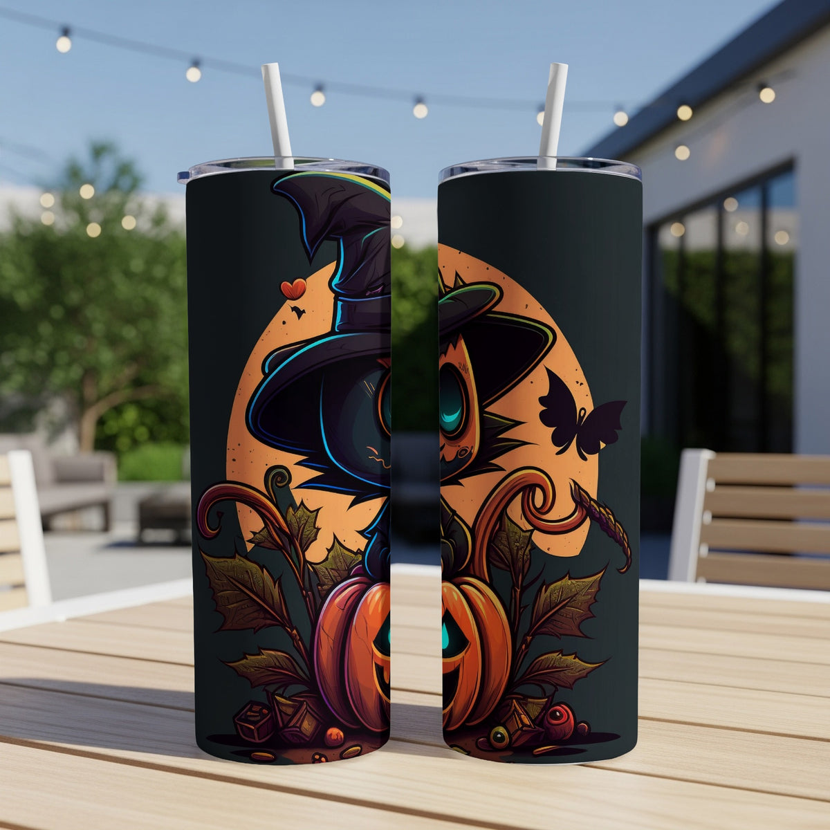 Two tumblers with cartoon witch and pumpkin Halloween design.