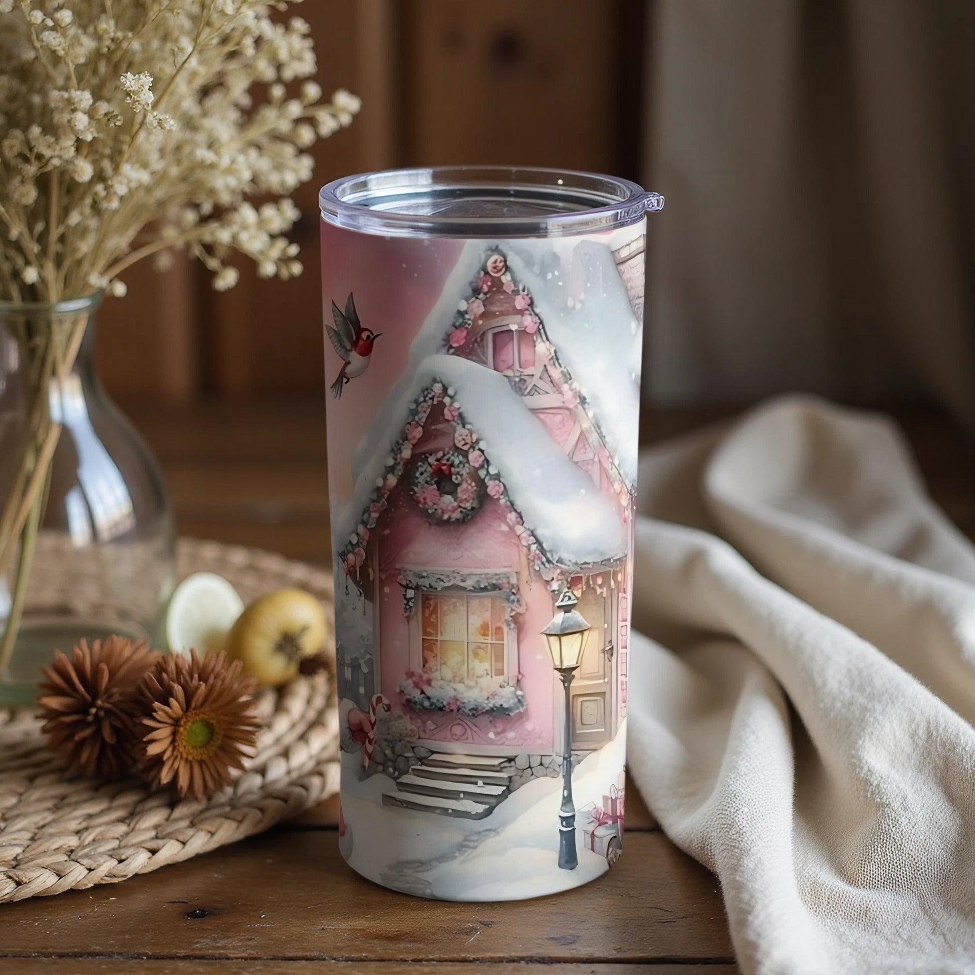 Cozy Snowy Cottage with Holiday Decor Tumbler