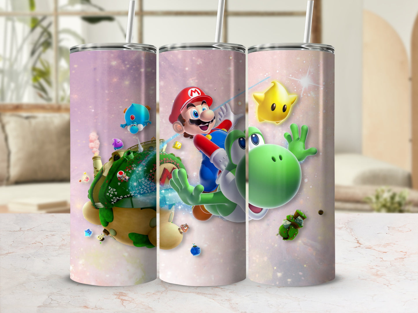 Colorful Mario and Yoshi Adventure Themed Tumbler