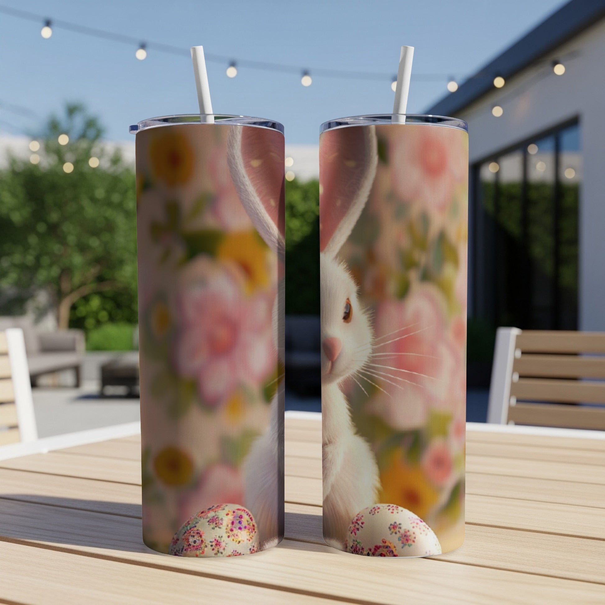 White Easter bunny on a tumbler with floral background and patterned eggs.