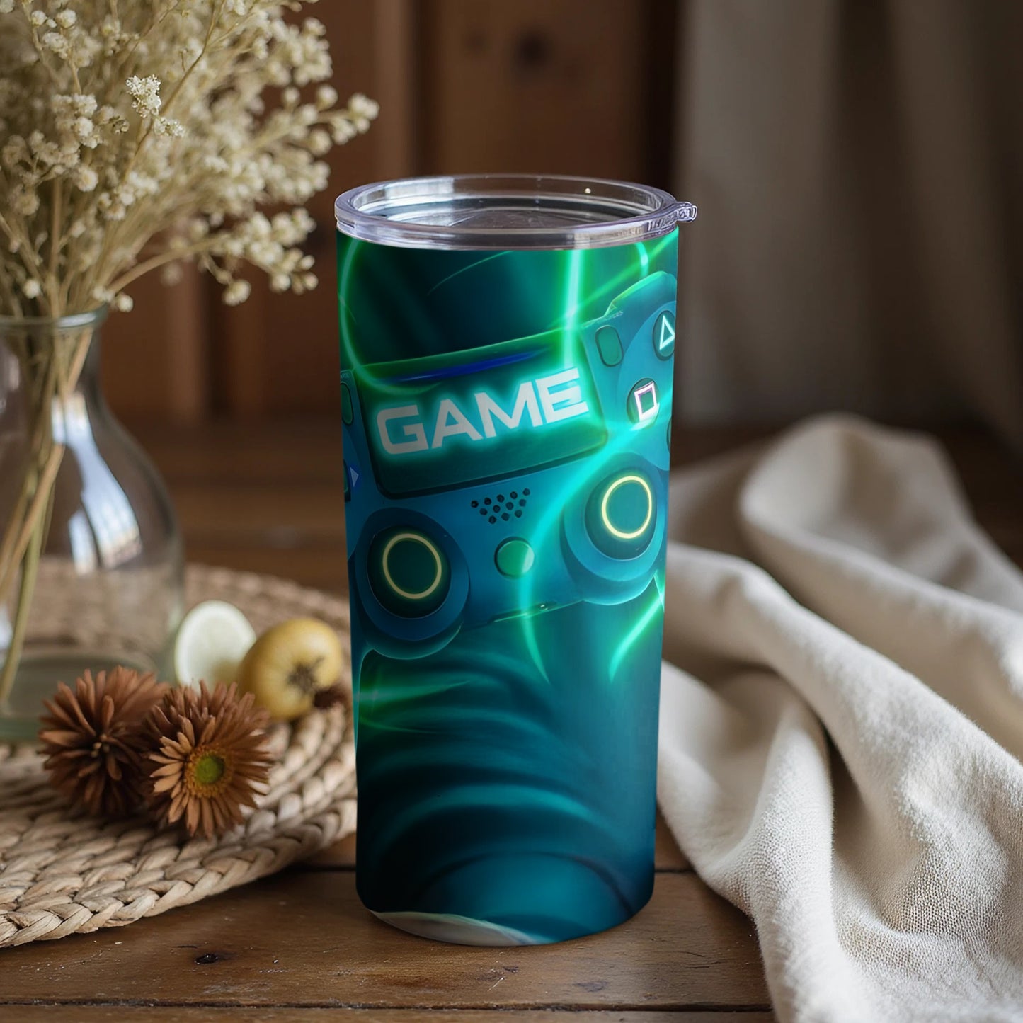 Vibrant neon green futuristic game controller tumbler