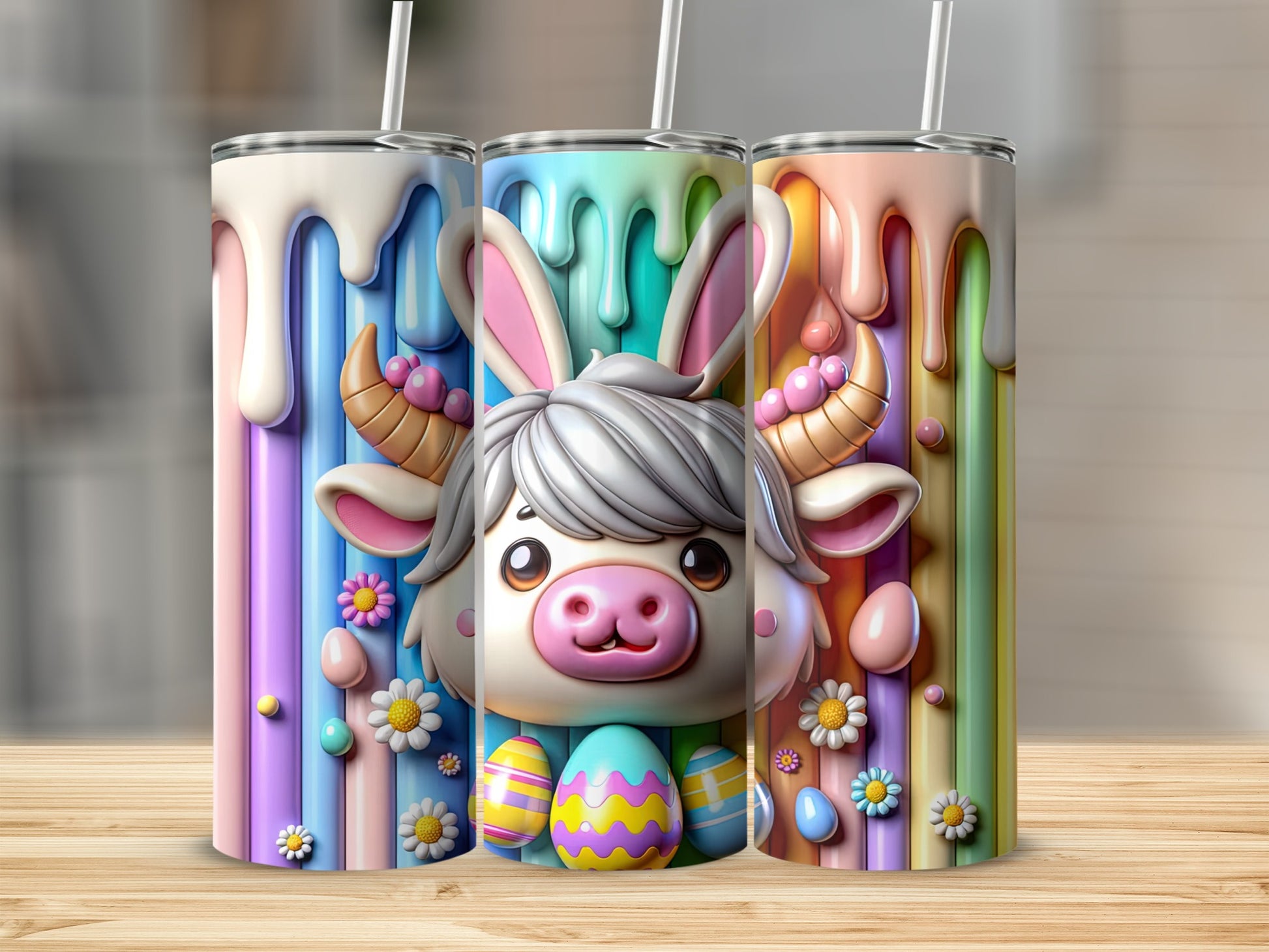 Cute bunny cow with Easter eggs and pastel drips on tumblers.