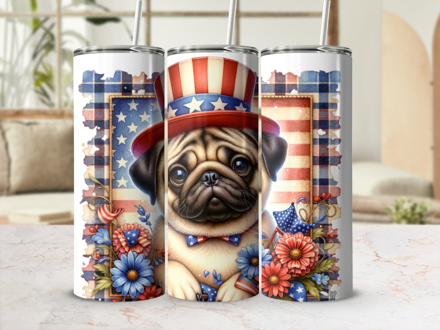 Pug wearing American flag hat and bowtie with floral accents.