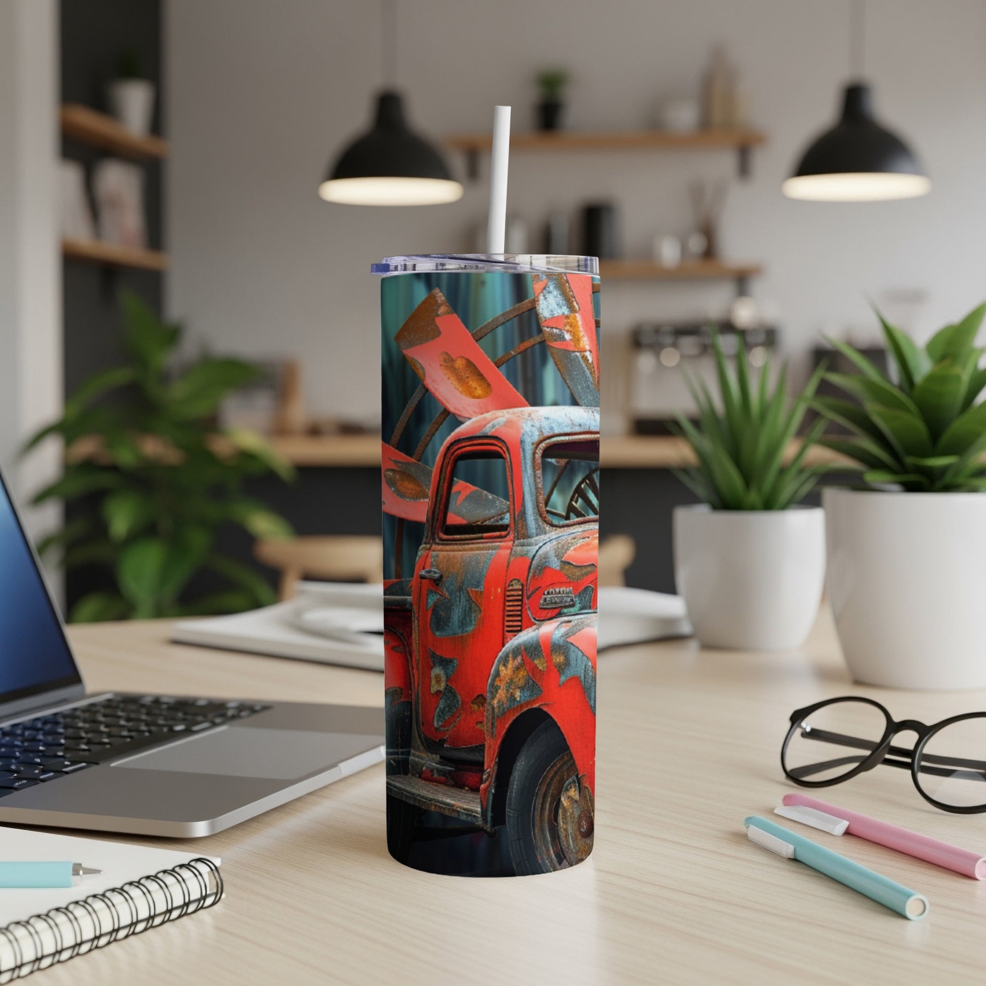 Rustic red distressed pickup truck on a white tumbler.