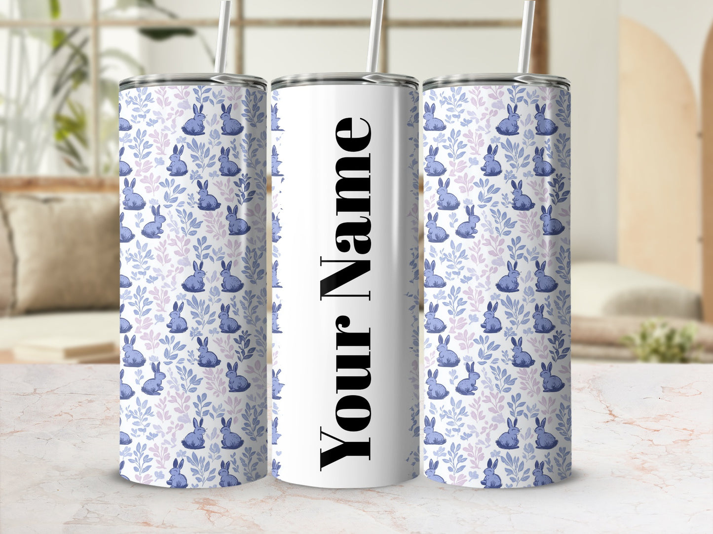 Customizable Blue Bunny Pattern Insulated Tumbler