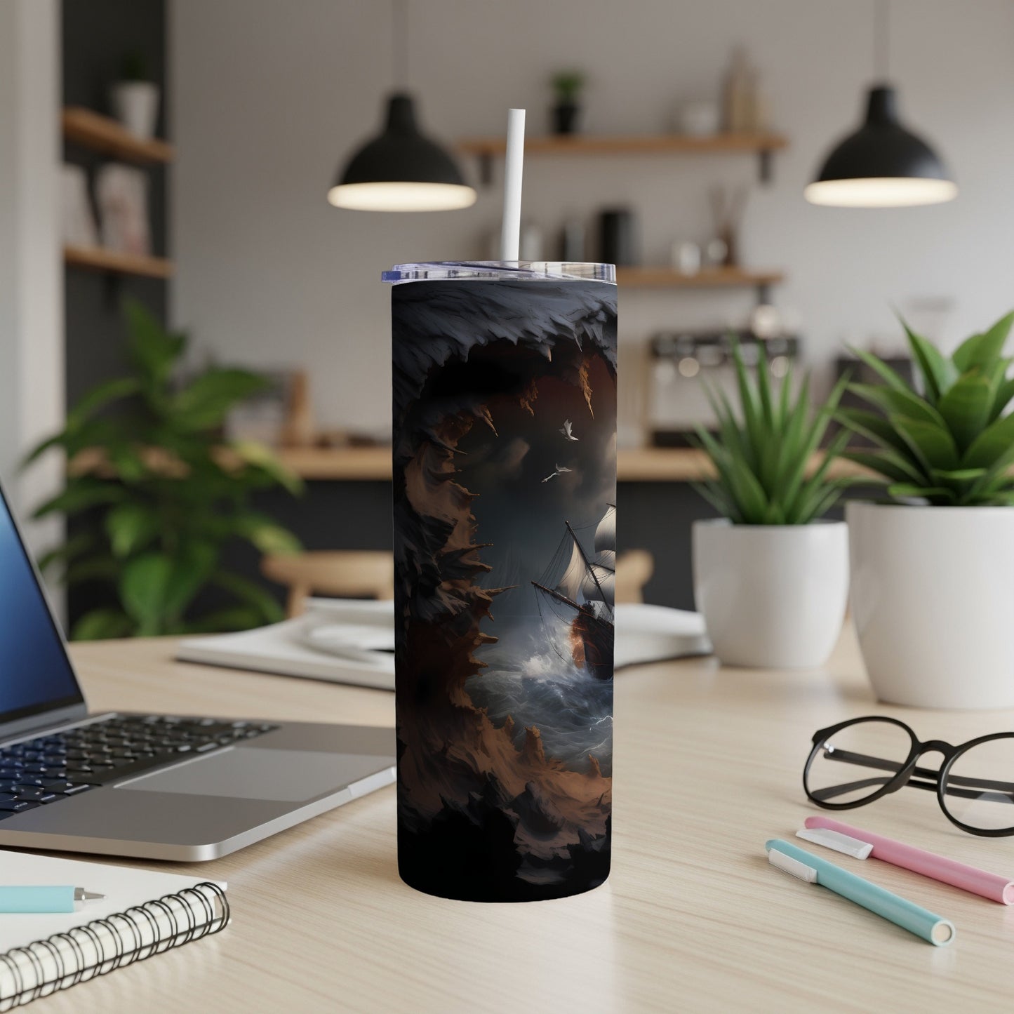 A vintage ship sails through stormy seas on a dark, textured tumbler.