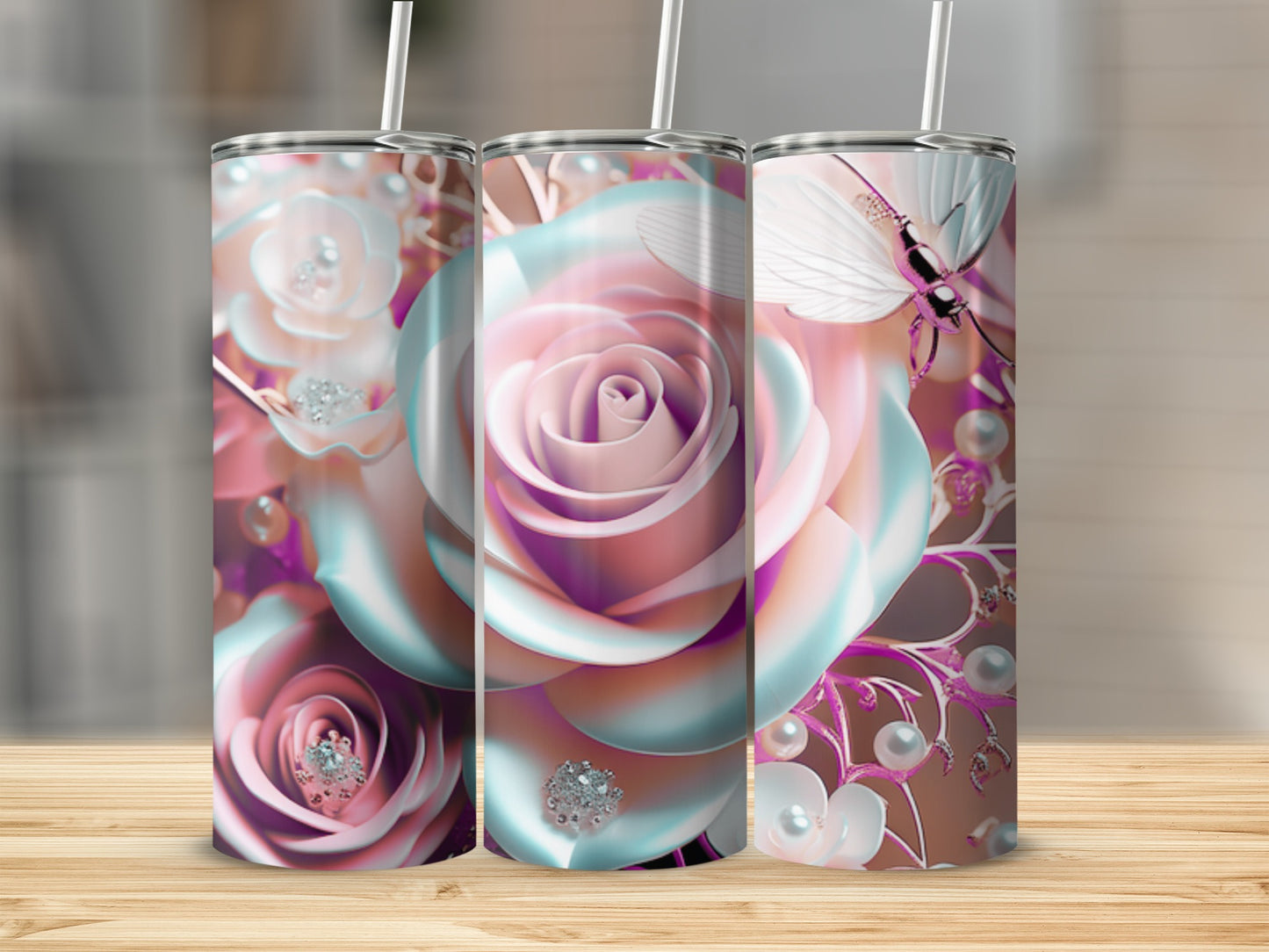 Three tumblers with pink and white roses, pearls, and butterflies.