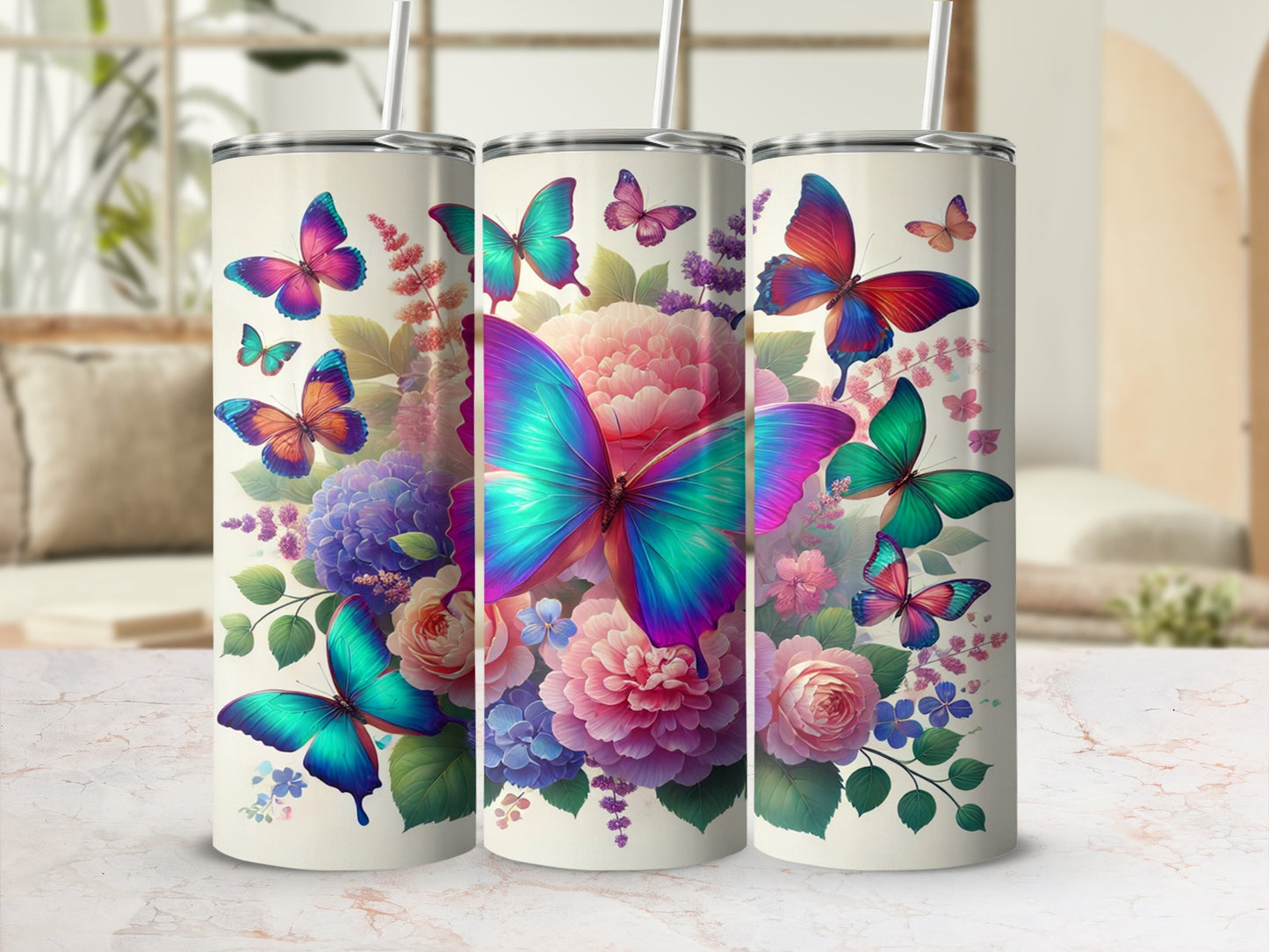 Colorful Butterfly and Floral Design Tumbler Cup