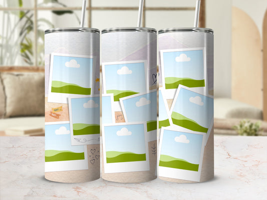 Three tumblers with a collage of instant photos featuring landscapes and hand-drawn doodles.