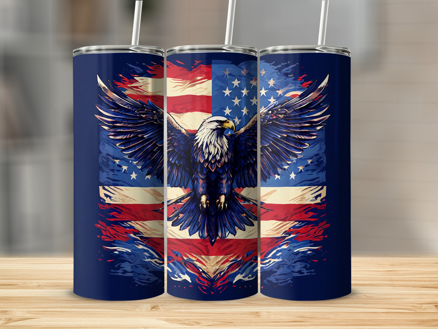 Patriotic tumbler with eagle and American flag design.