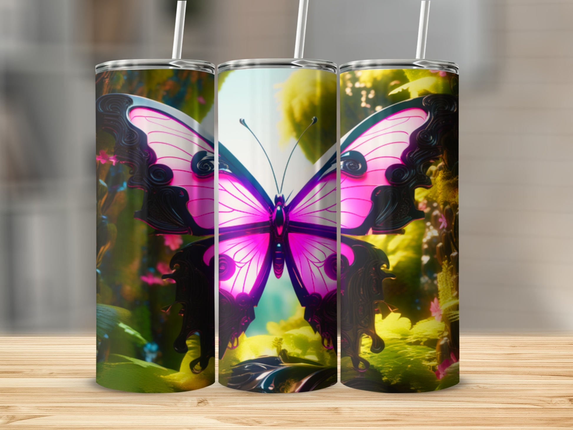 Three tumblers with vibrant pink butterfly design on a wooden surface.