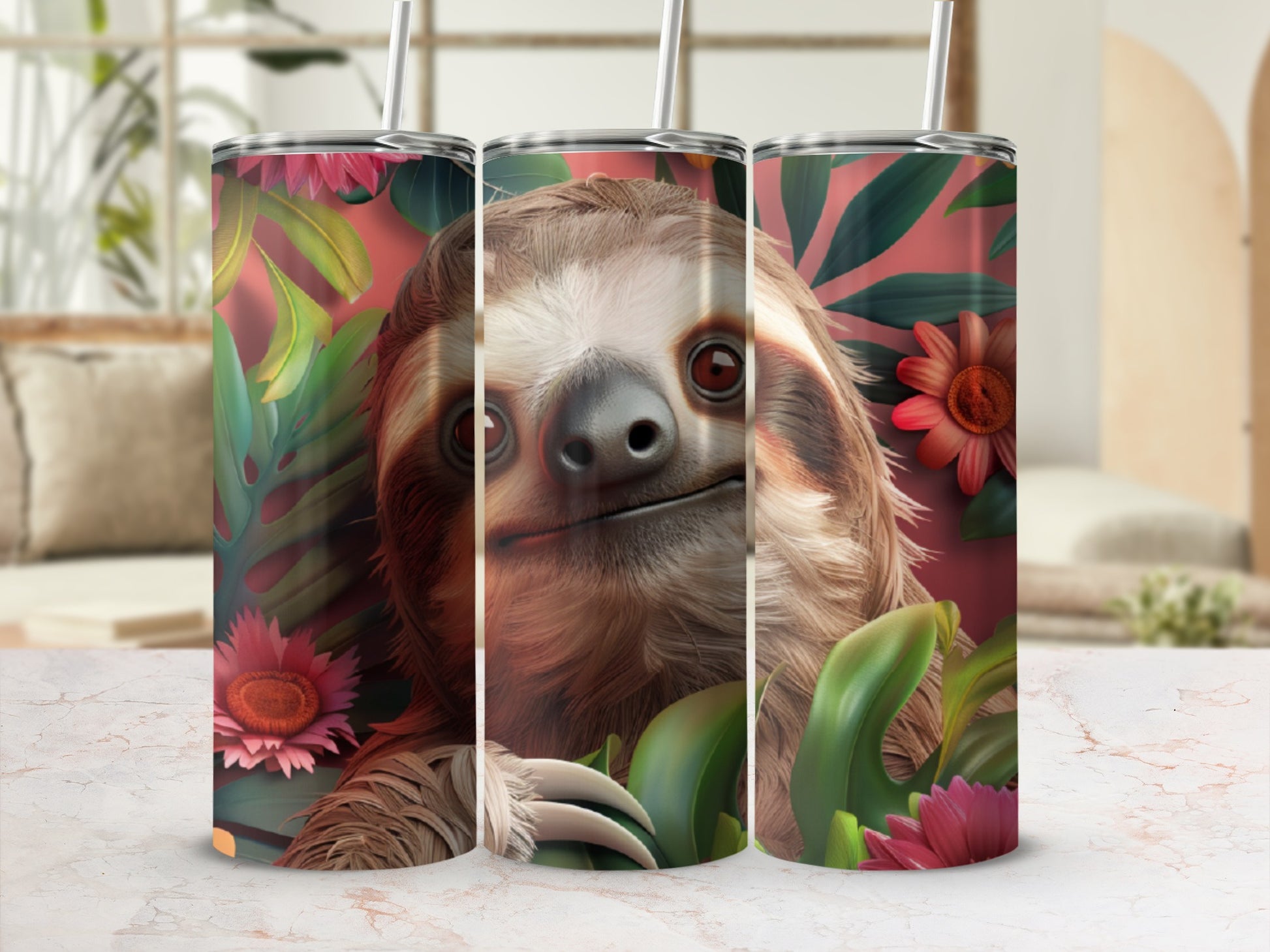Close-up of a sloth with tropical flowers and leaves.