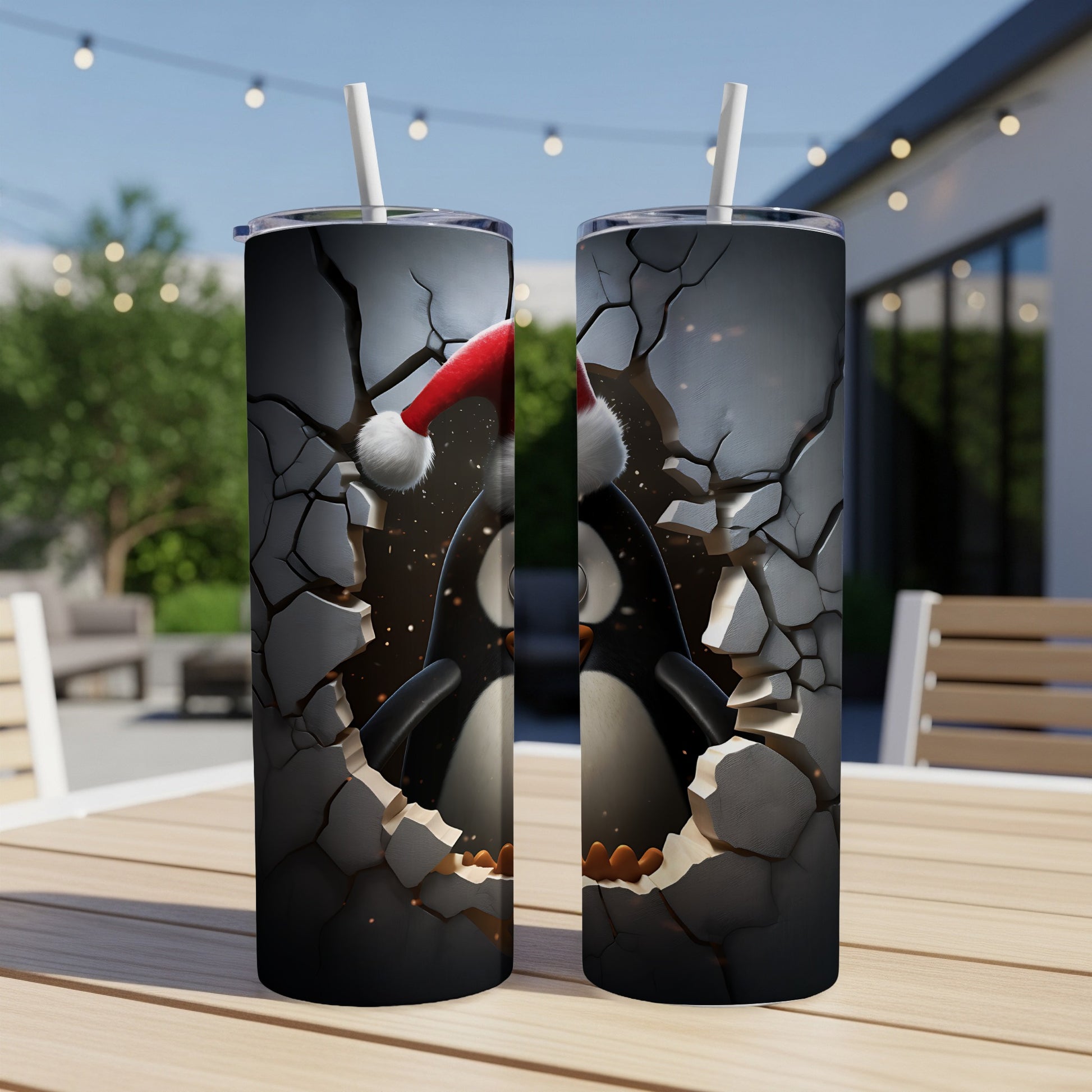 Two tumblers featuring a festive penguin breaking through cracked walls.