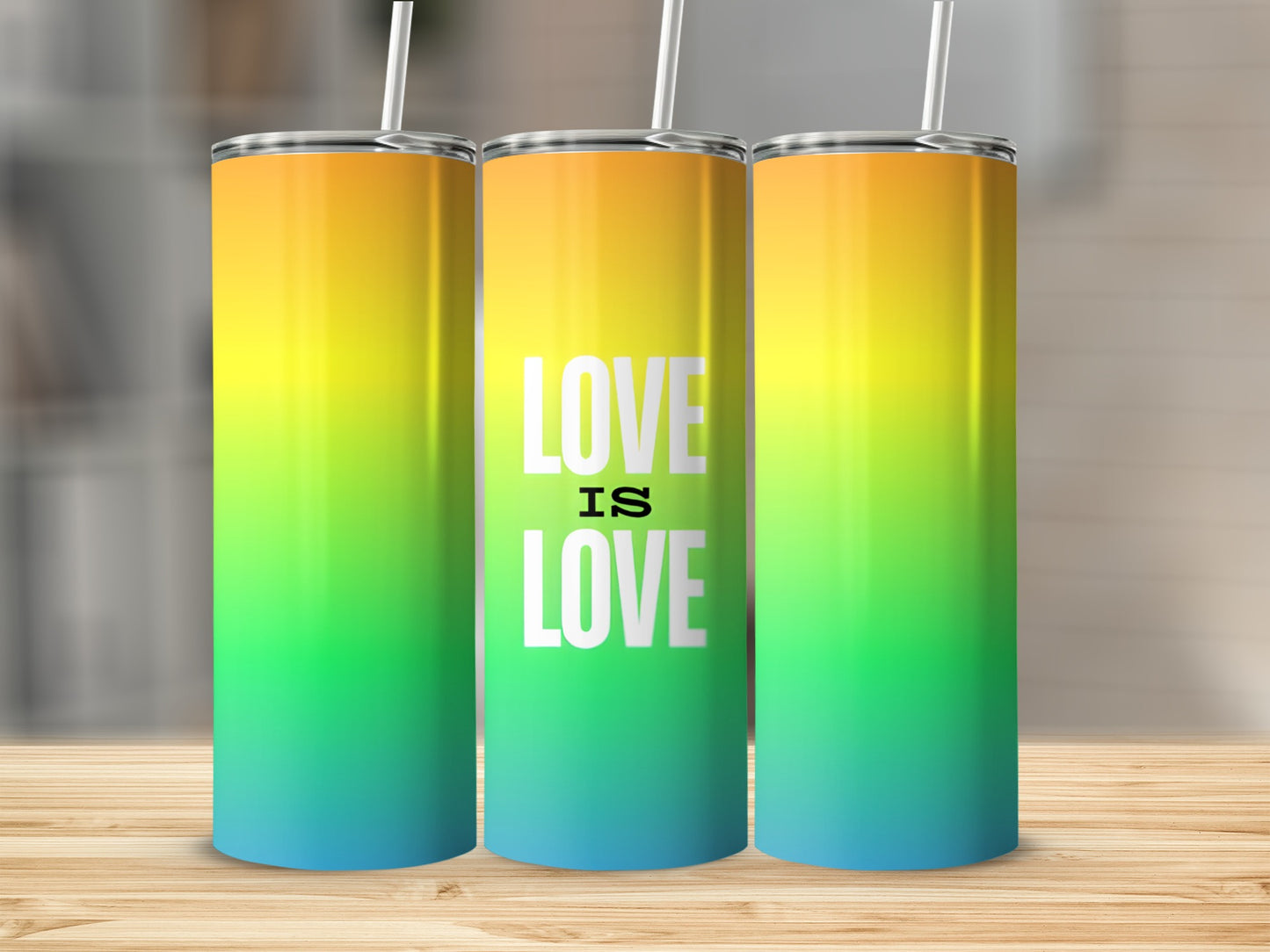 Three tumblers with rainbow gradient and "Love is Love" text.