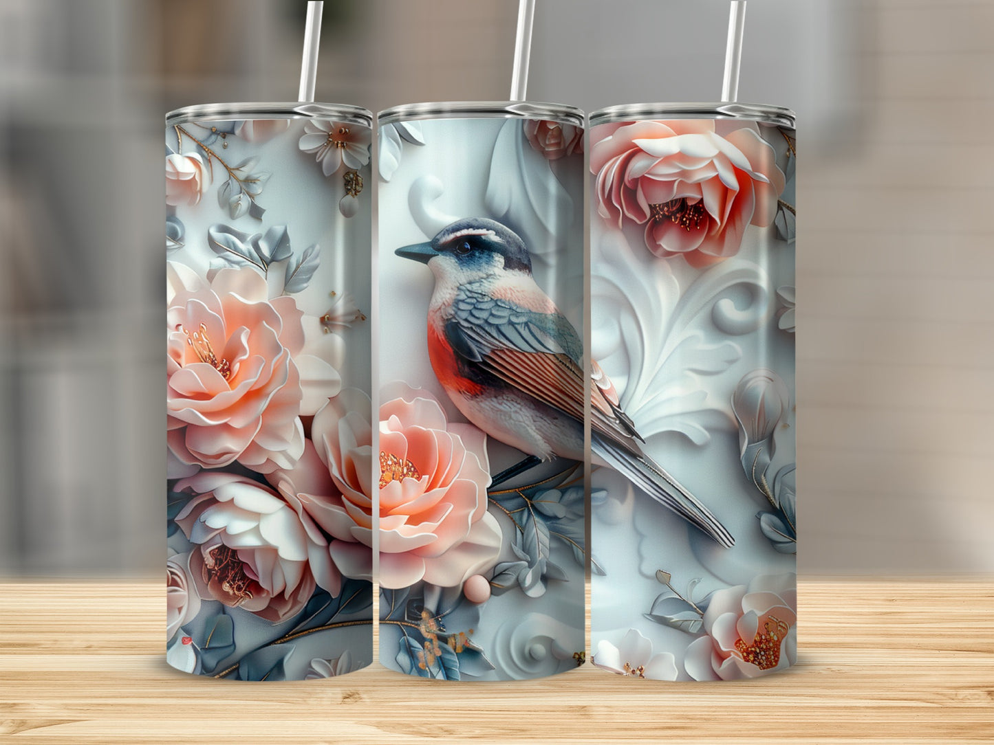 Three tumblers with a bird and peach flowers pattern.