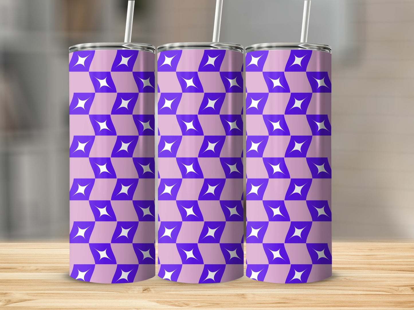Three tumblers with a purple and white geometric star pattern.