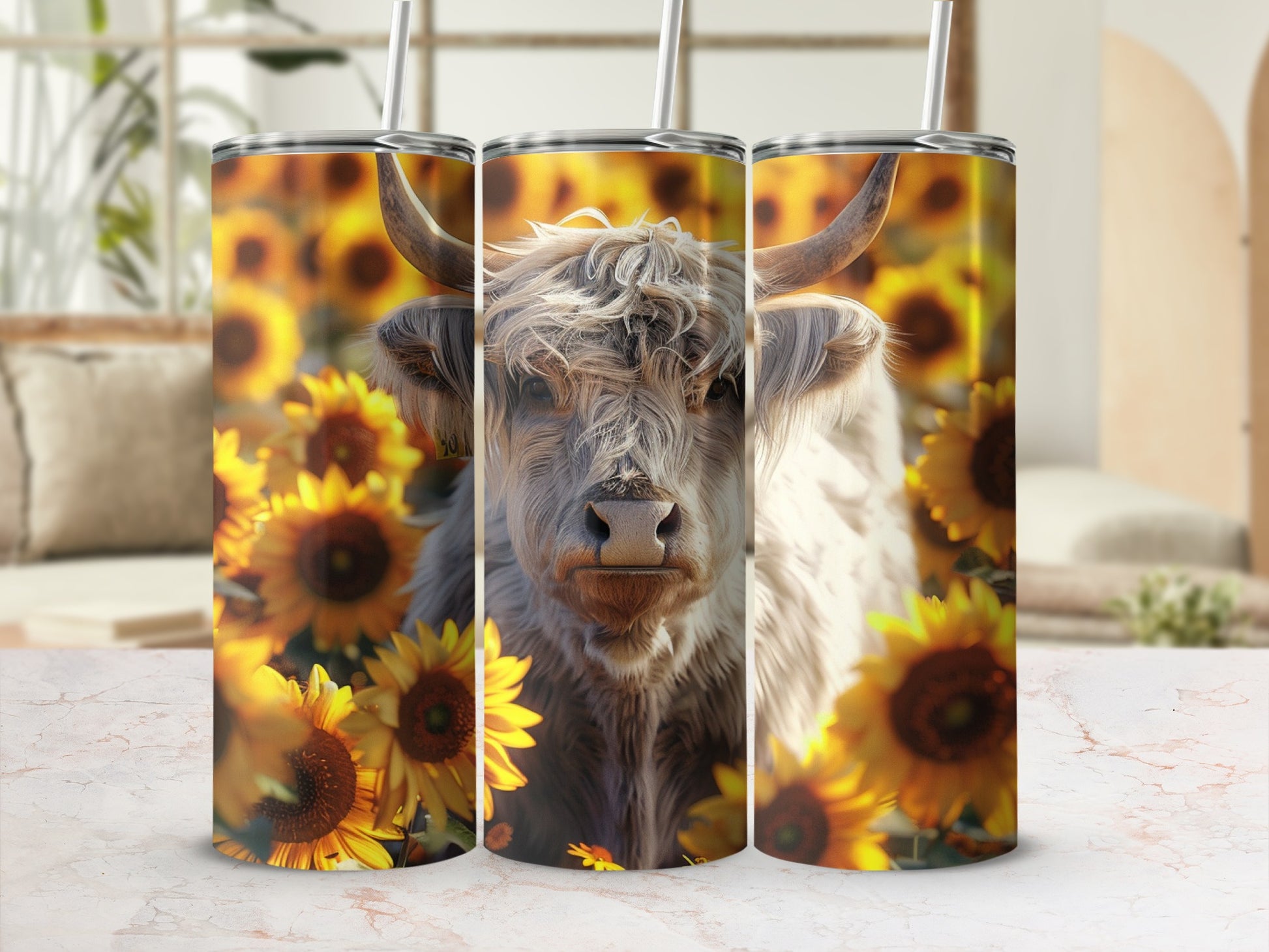 Highland cow with sunflowers on a tumbler.