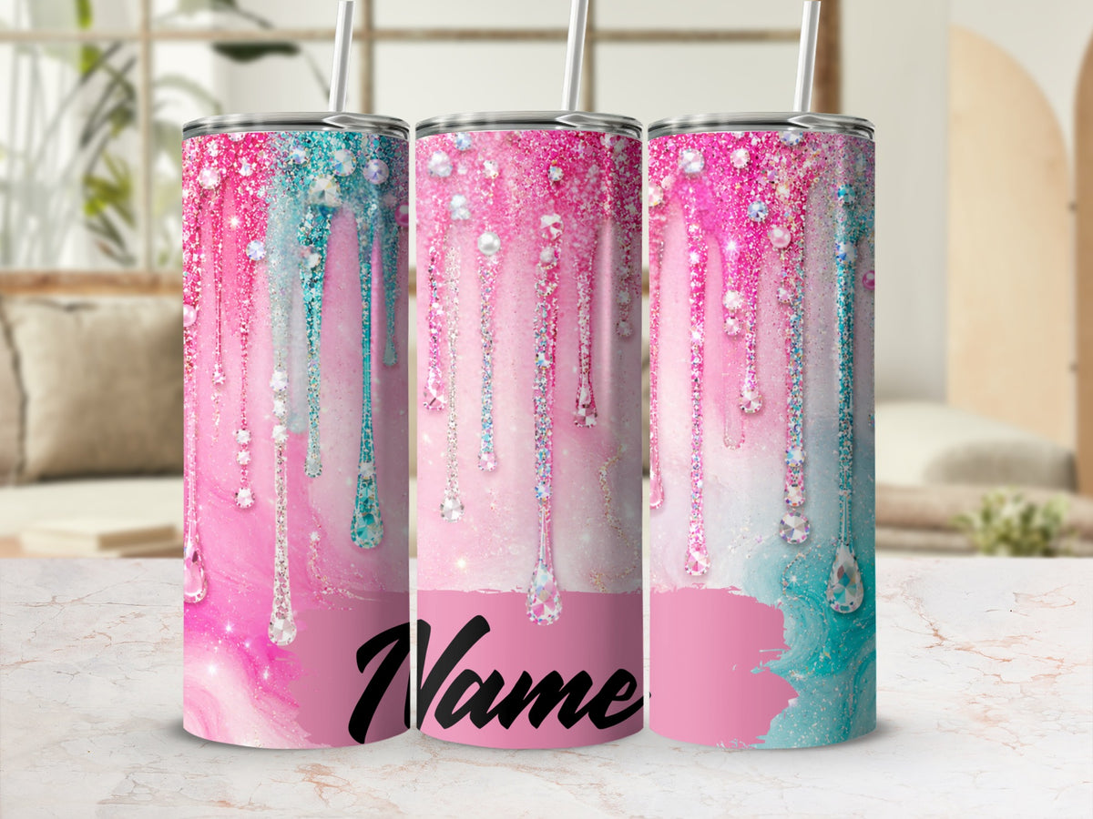 Three tumblers with pink and teal glitter drips, jewels, and pearls.