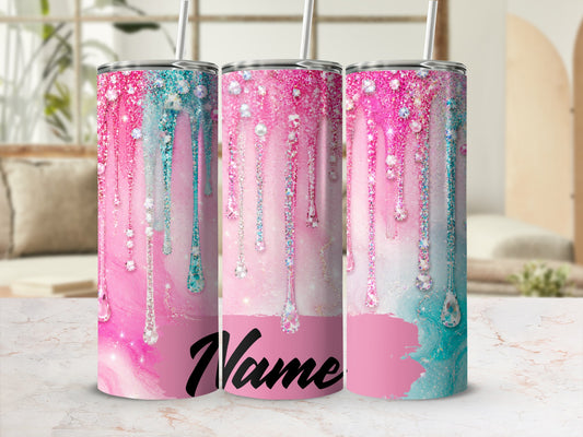 Three tumblers with pink and teal glitter drips, jewels, and pearls.