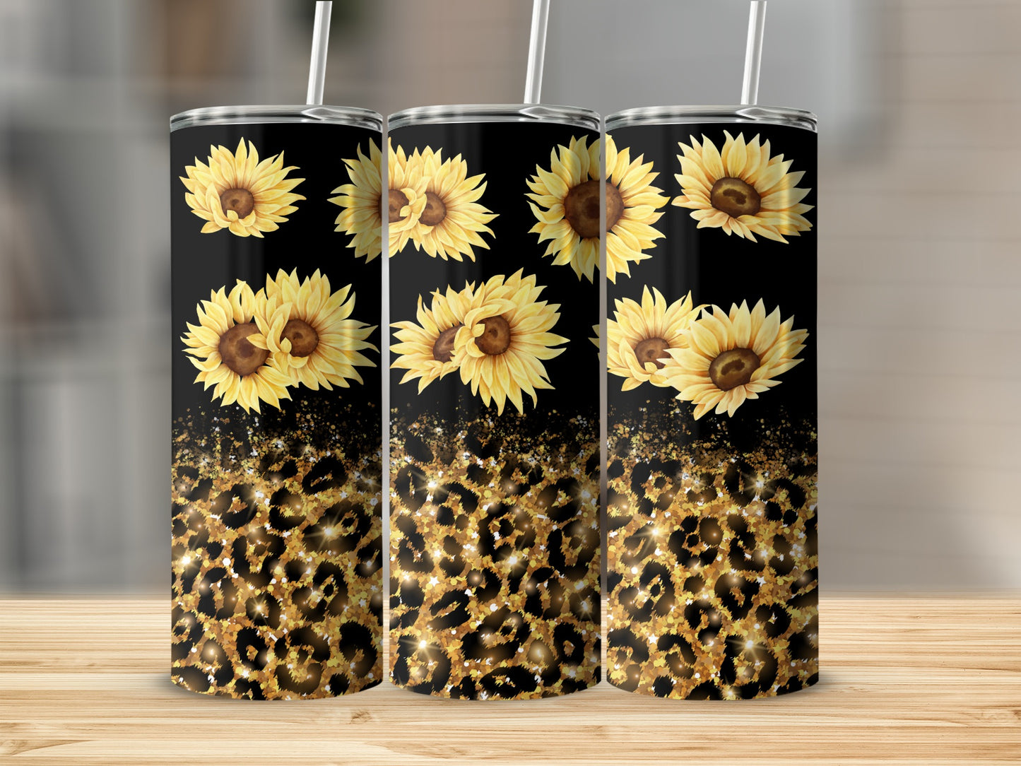 Three tumblers with sunflowers and leopard print design.