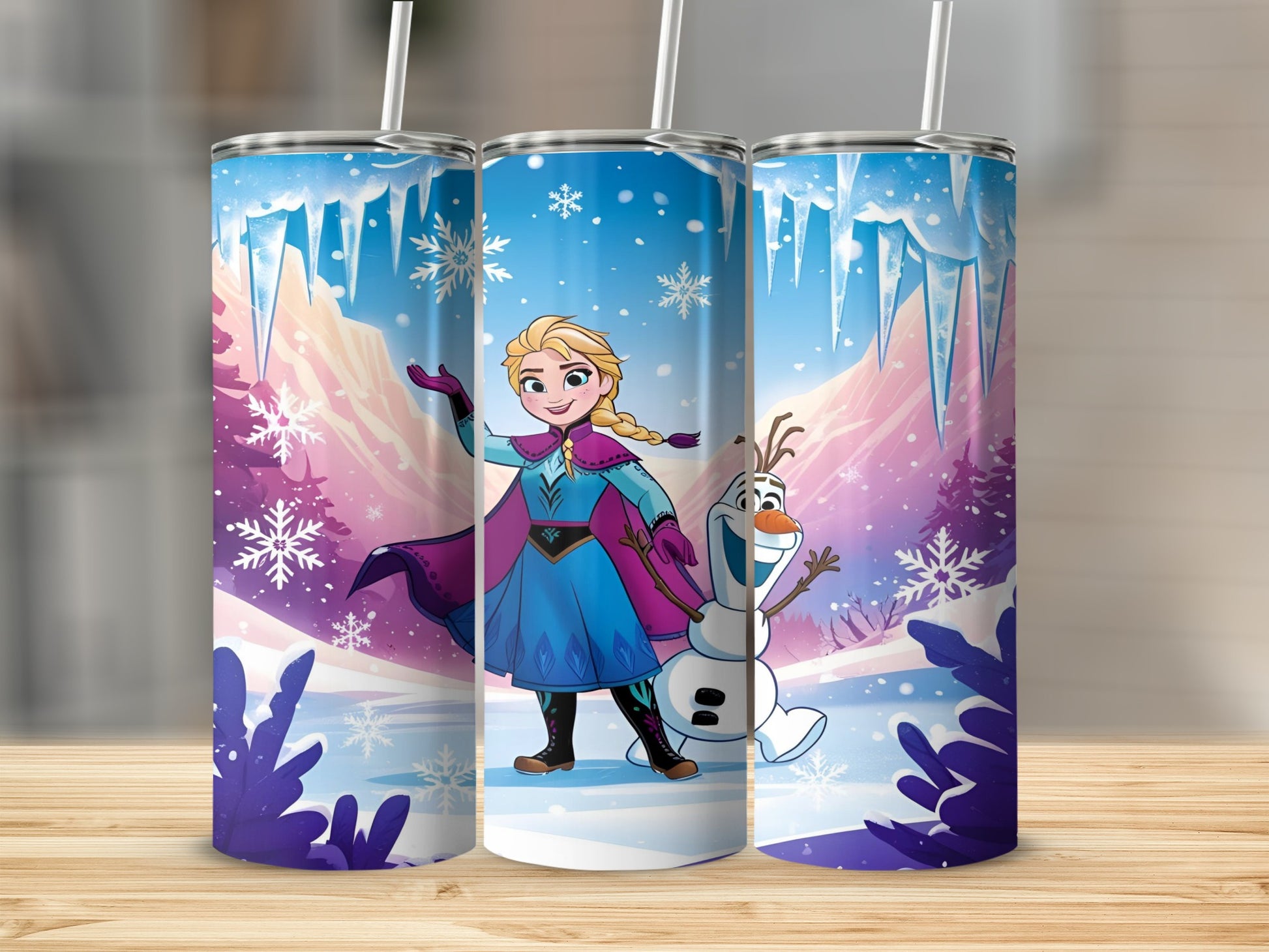 Elsa and Olaf from Frozen in a snowy landscape on a tumbler.