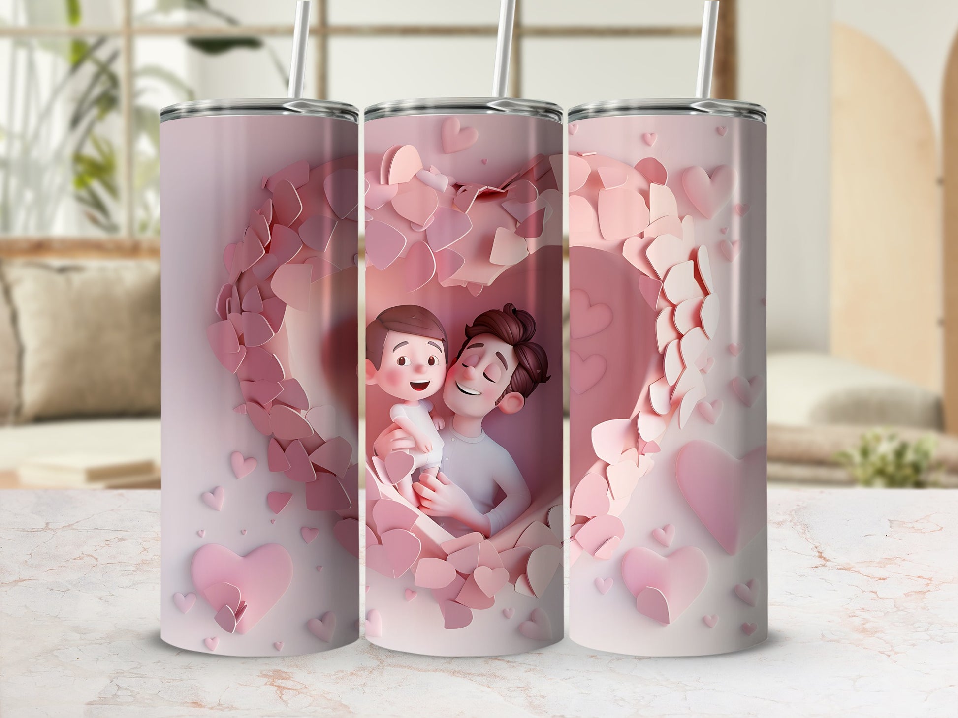 Tumbler with father and son embracing amidst pink hearts.