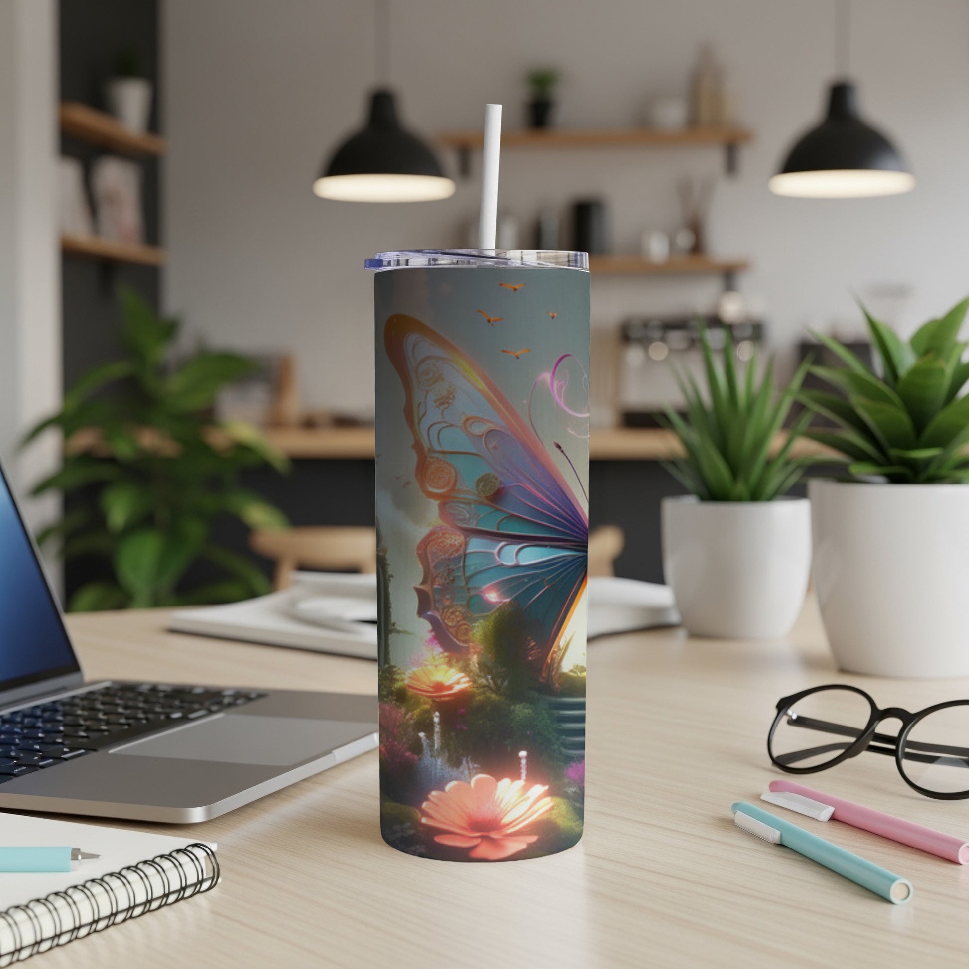 Butterfly and garden scene on a white tumbler with straw.