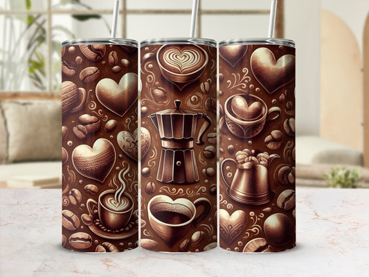Three tumblers with coffee and heart designs.