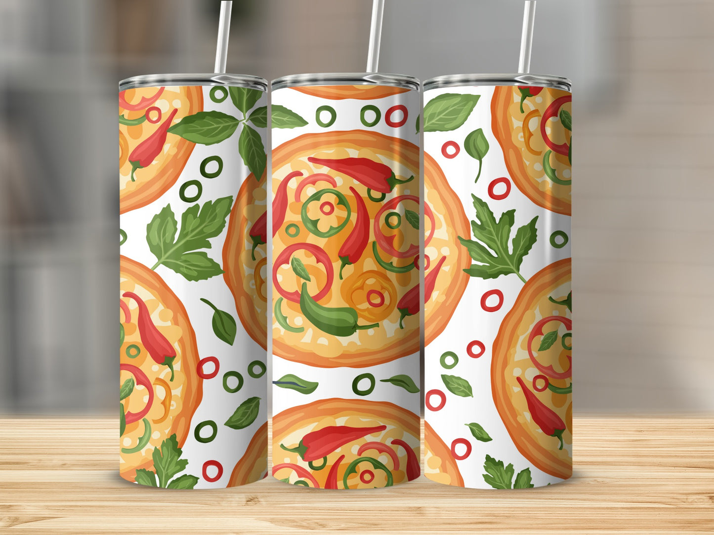 Three tumblers with a repeating pattern of pizza slices, chili peppers, and basil leaves.