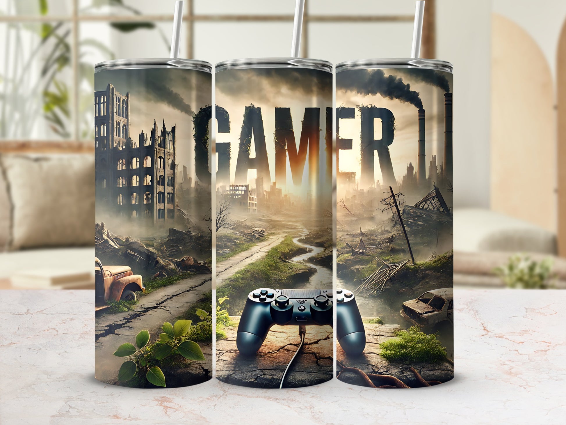 Triptych of tumblers featuring a post-apocalyptic landscape with "GAMER" text.