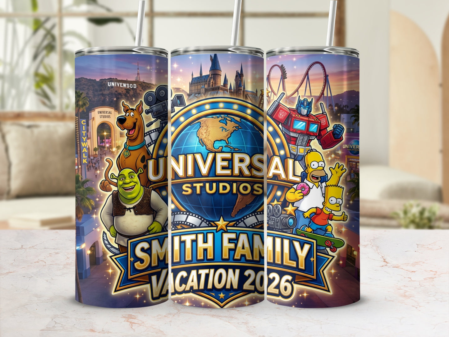 Universal Studios Smith Family Vacation 2026 tumbler with characters.