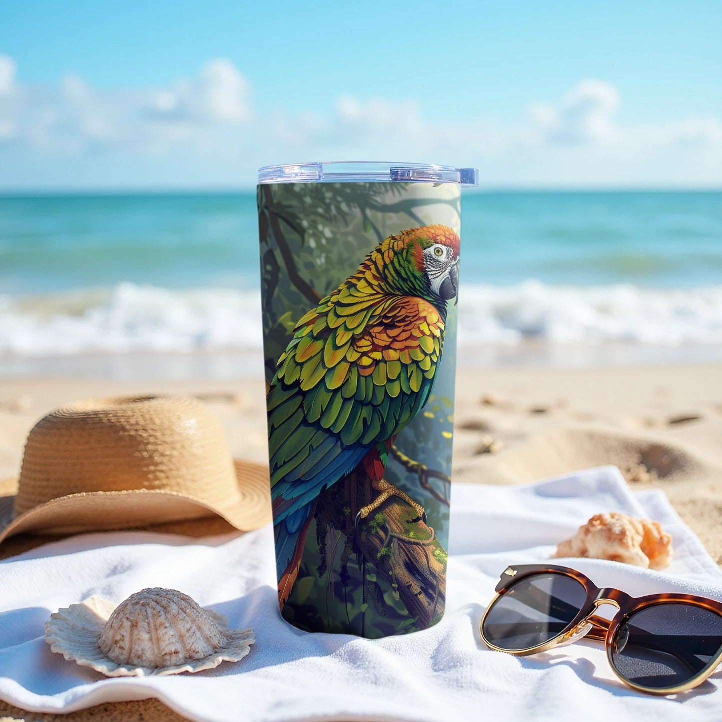 Vibrant Tropical Parrot Beach Day Tumbler product type