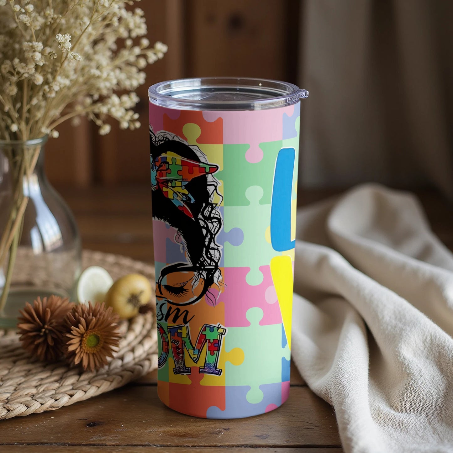 Colorful Autism Mom Puzzle Stainless Steel Tumbler