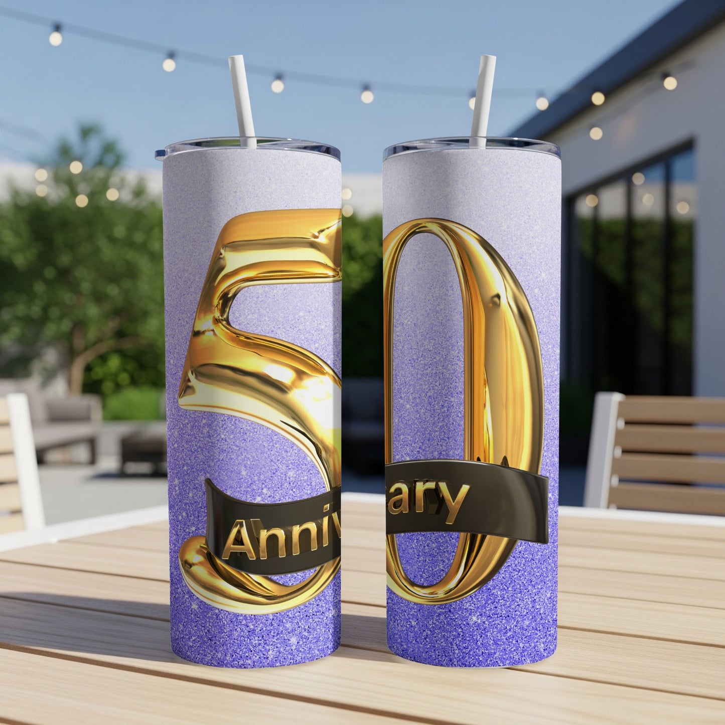 Gold "50" and "Anniversary" text on glitter purple tumbler.