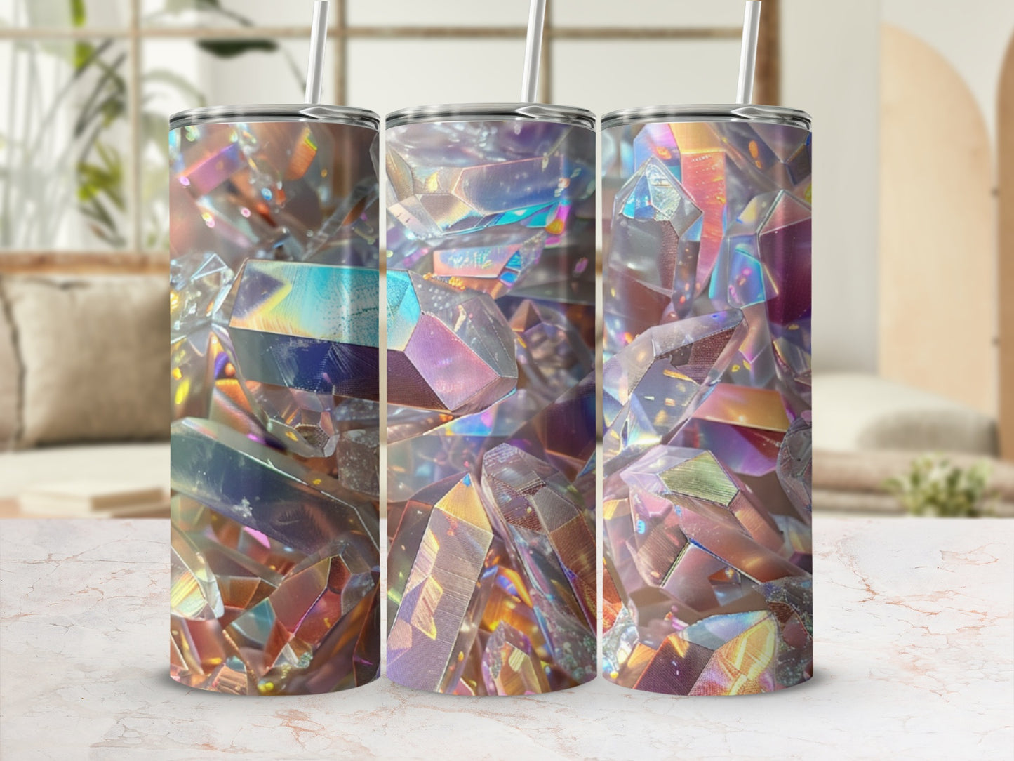 Three tall tumblers with a colorful, iridescent crystal pattern.