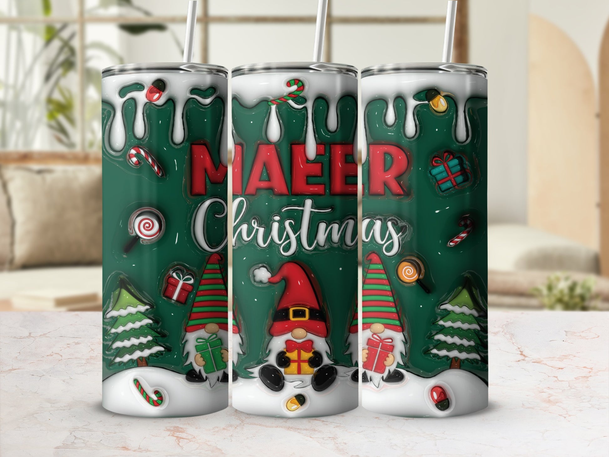 Cheerful Christmas Tree Gnome Design Tumbler Cup