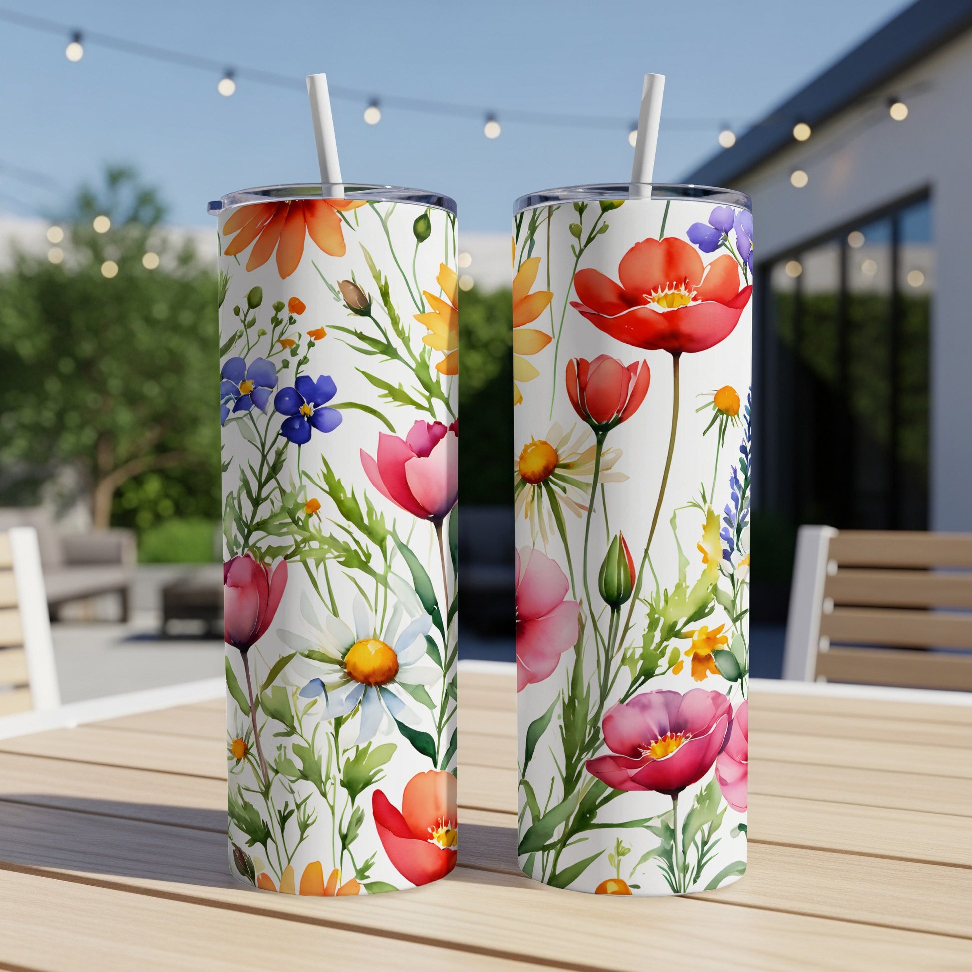 Two tumblers with a floral watercolor pattern sit on a table outdoors.