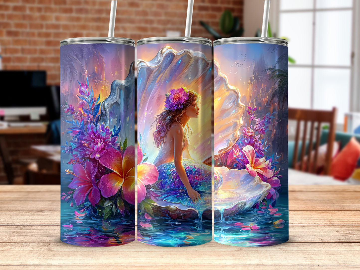 Mermaid in Seashell Surrounded by Flowers Tumbler
