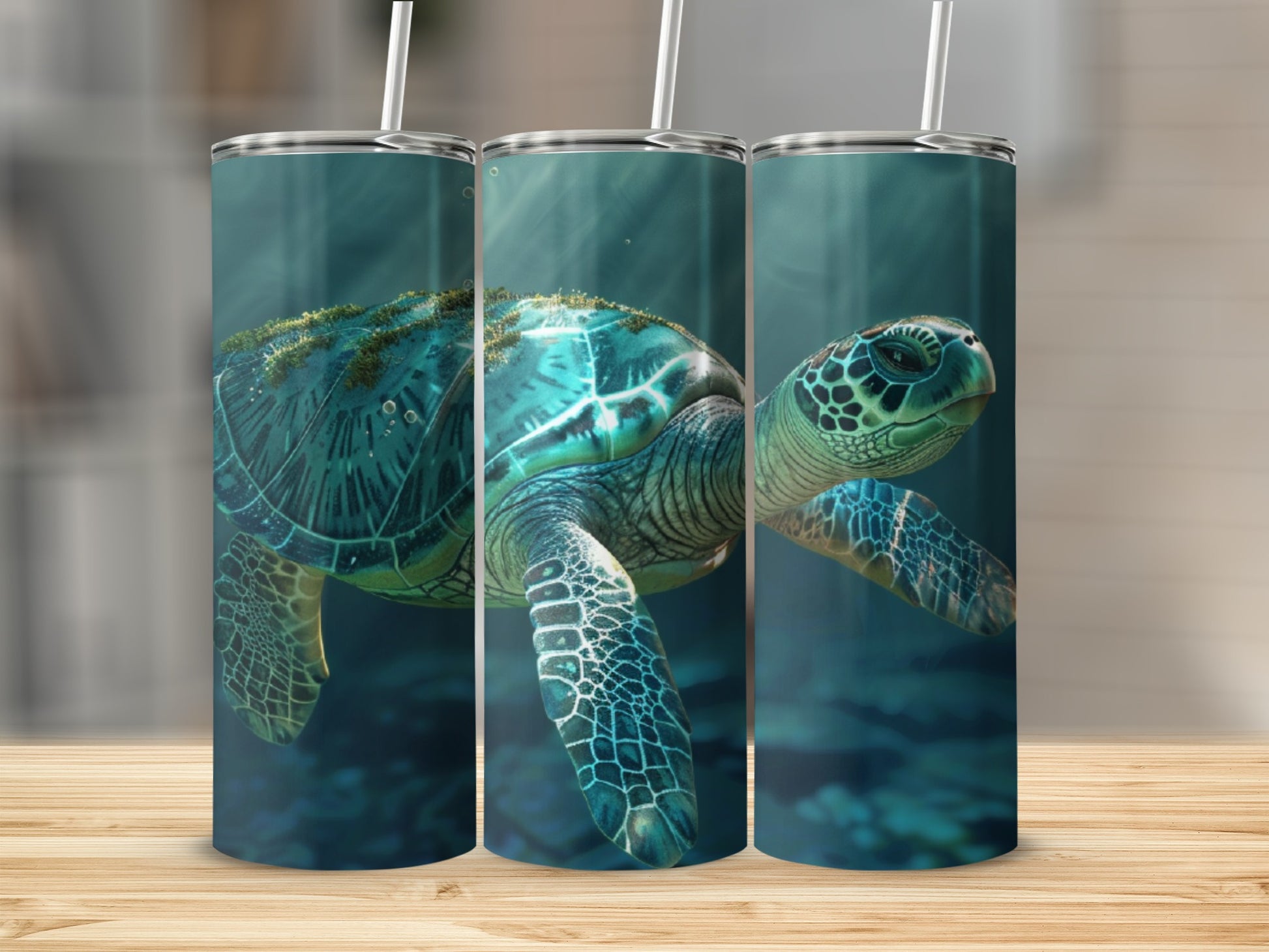 Sea turtle swimming underwater with dappled light on a blue tumbler.