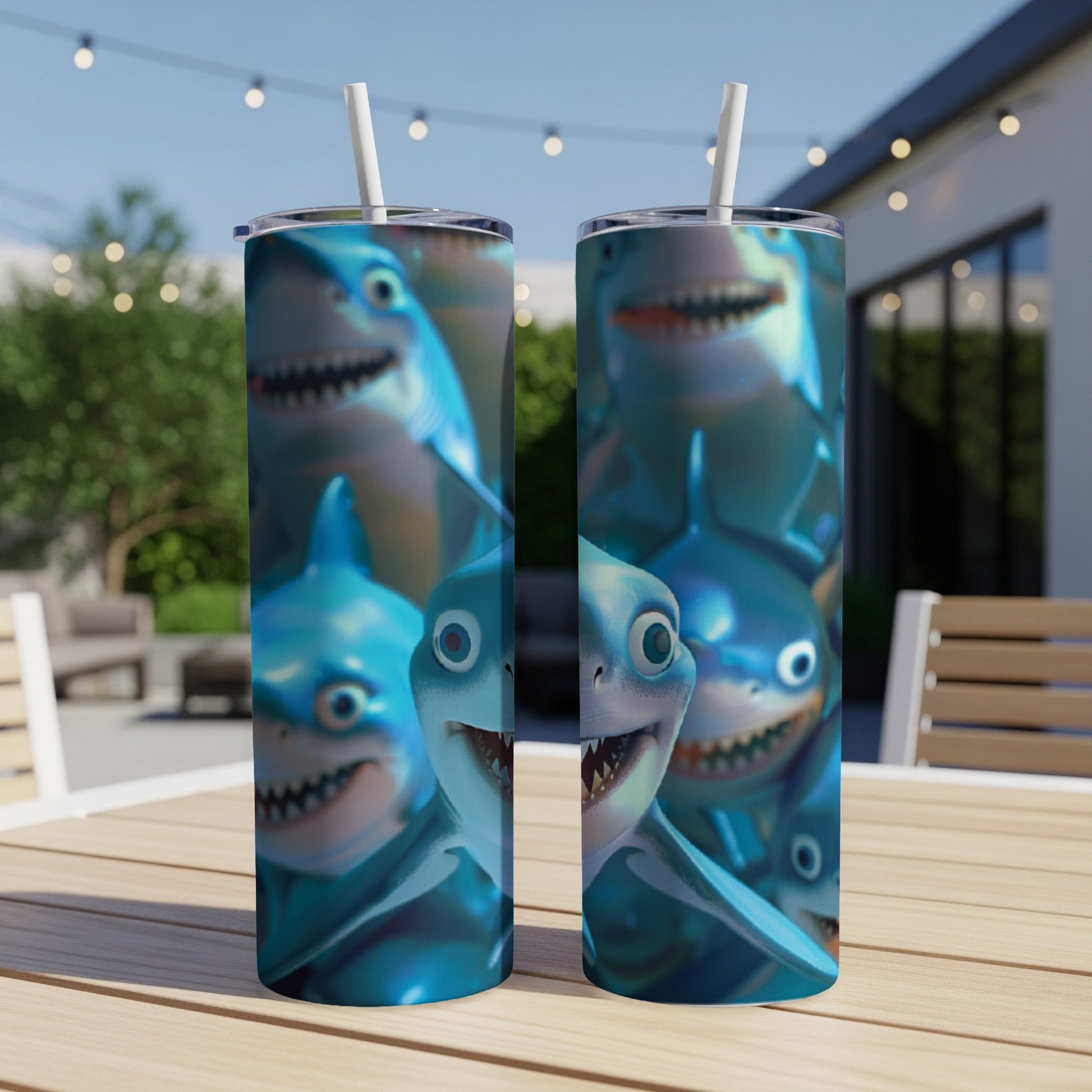 Two tumblers with cartoon sharks in a playful, smiling pattern.