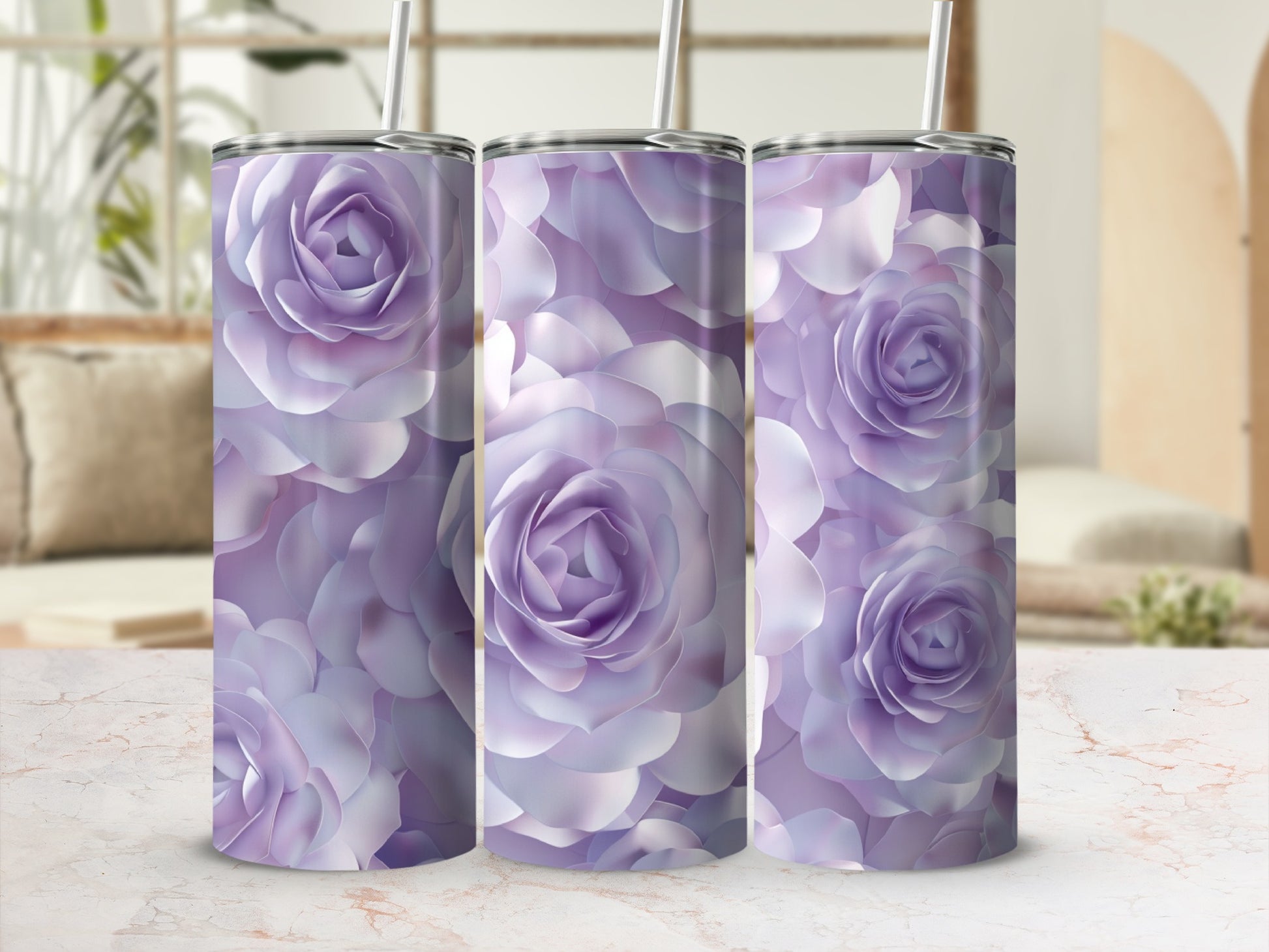 Lavender roses pattern on a tumbler with a straw.