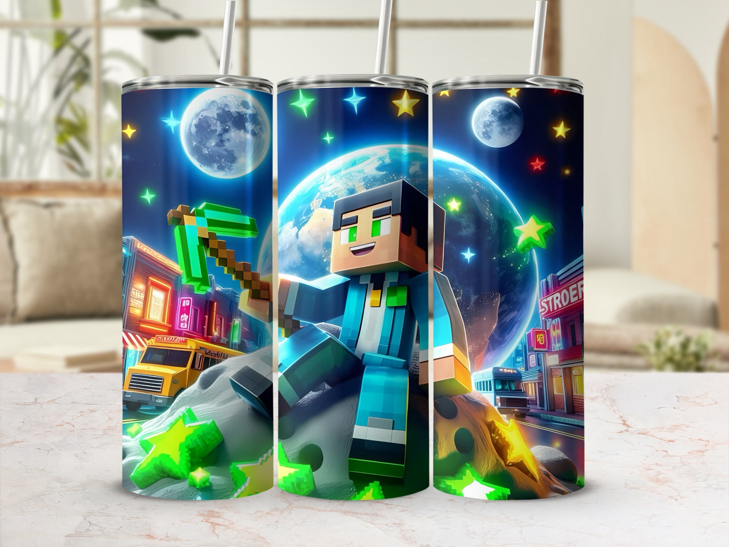 Pixelated Character Moon and Stars Themed Tumbler