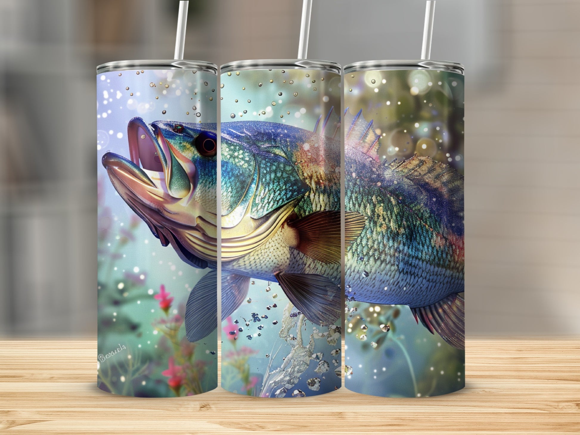 Three tumblers featuring a large bass fish illustration with bubbles and floral accents.
