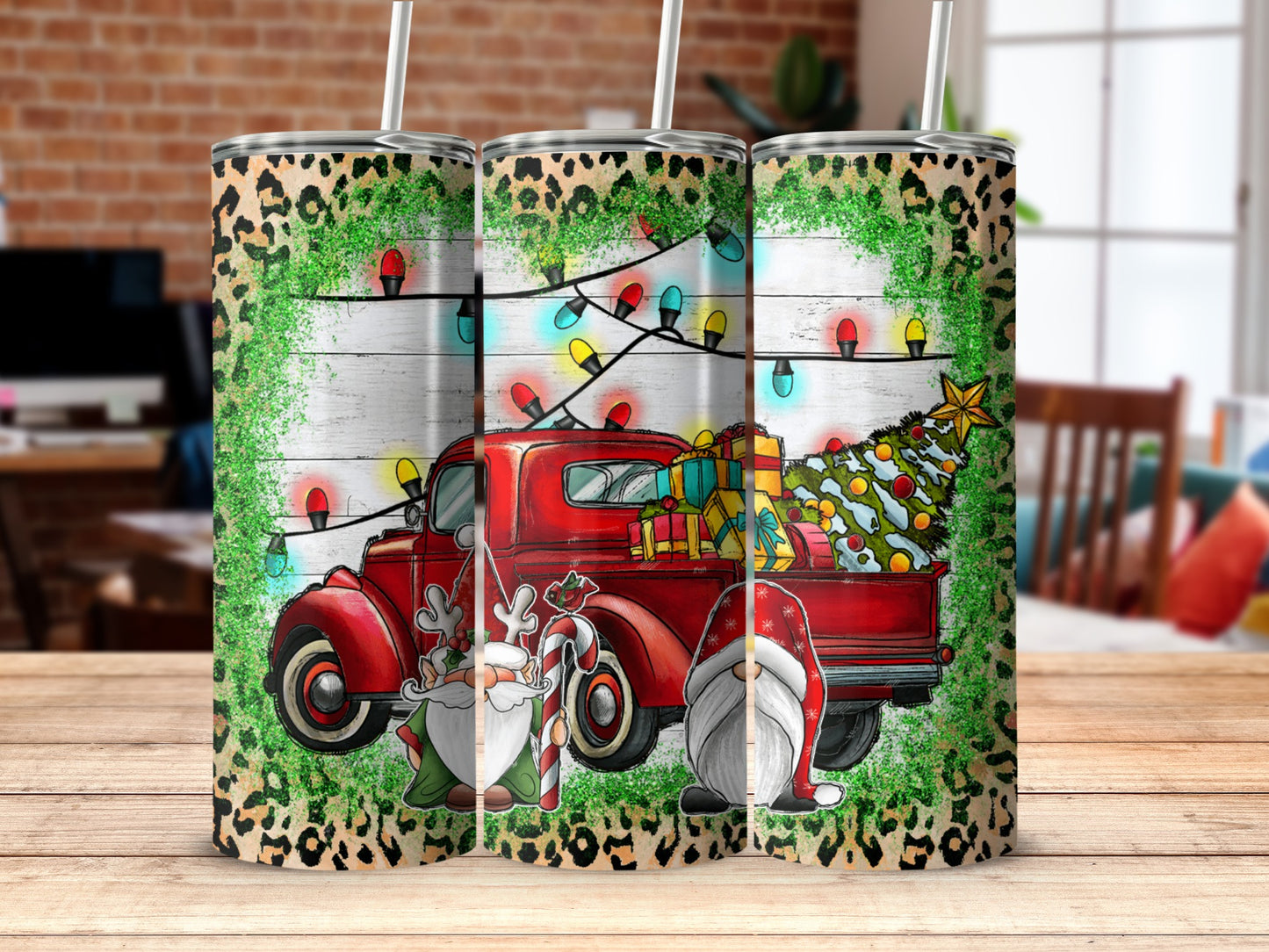 Red truck with Christmas tree, gifts, and gnomes, framed by leopard print and lights.