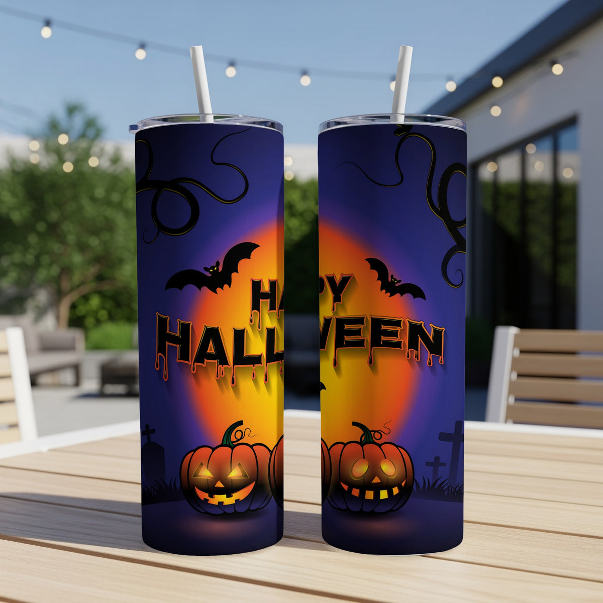 Two tumblers with "Happy Halloween" text, bats, and jack-o'-lanterns.