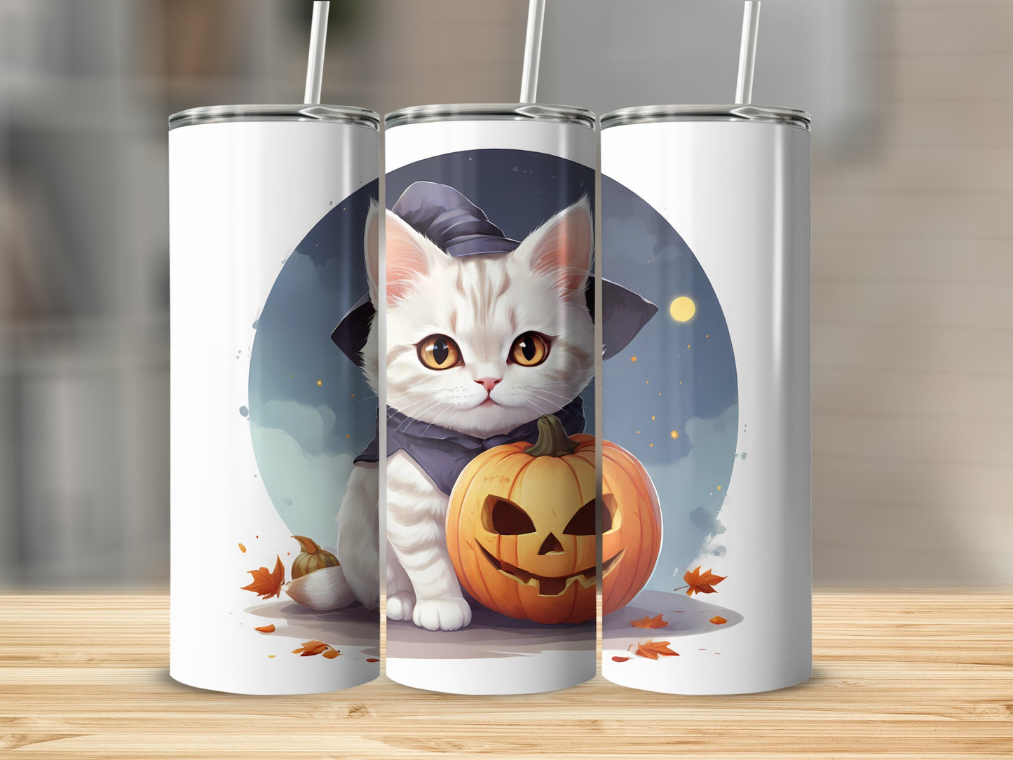 Halloween cat with witch hat and pumpkin sits on wooden surface.